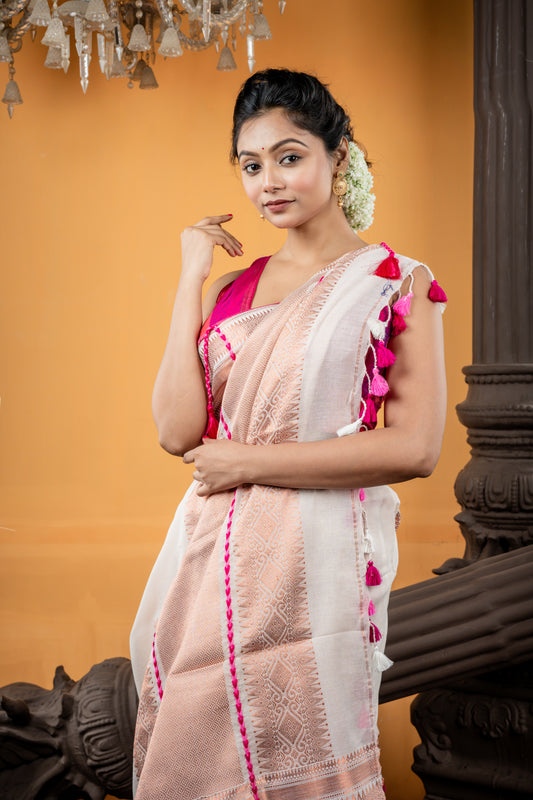 Off-White Mercerised Cotton with Magenta Pink 'Nakshatra Beni' design and all over Copper Buti