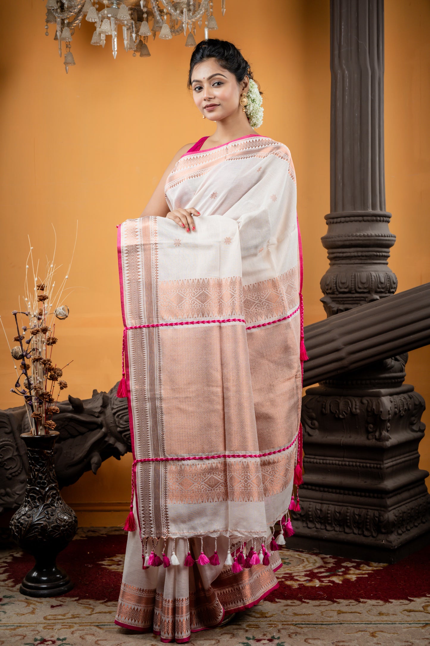 Off-White Mercerised Cotton with Magenta Pink 'Nakshatra Beni' design and all over Copper Buti