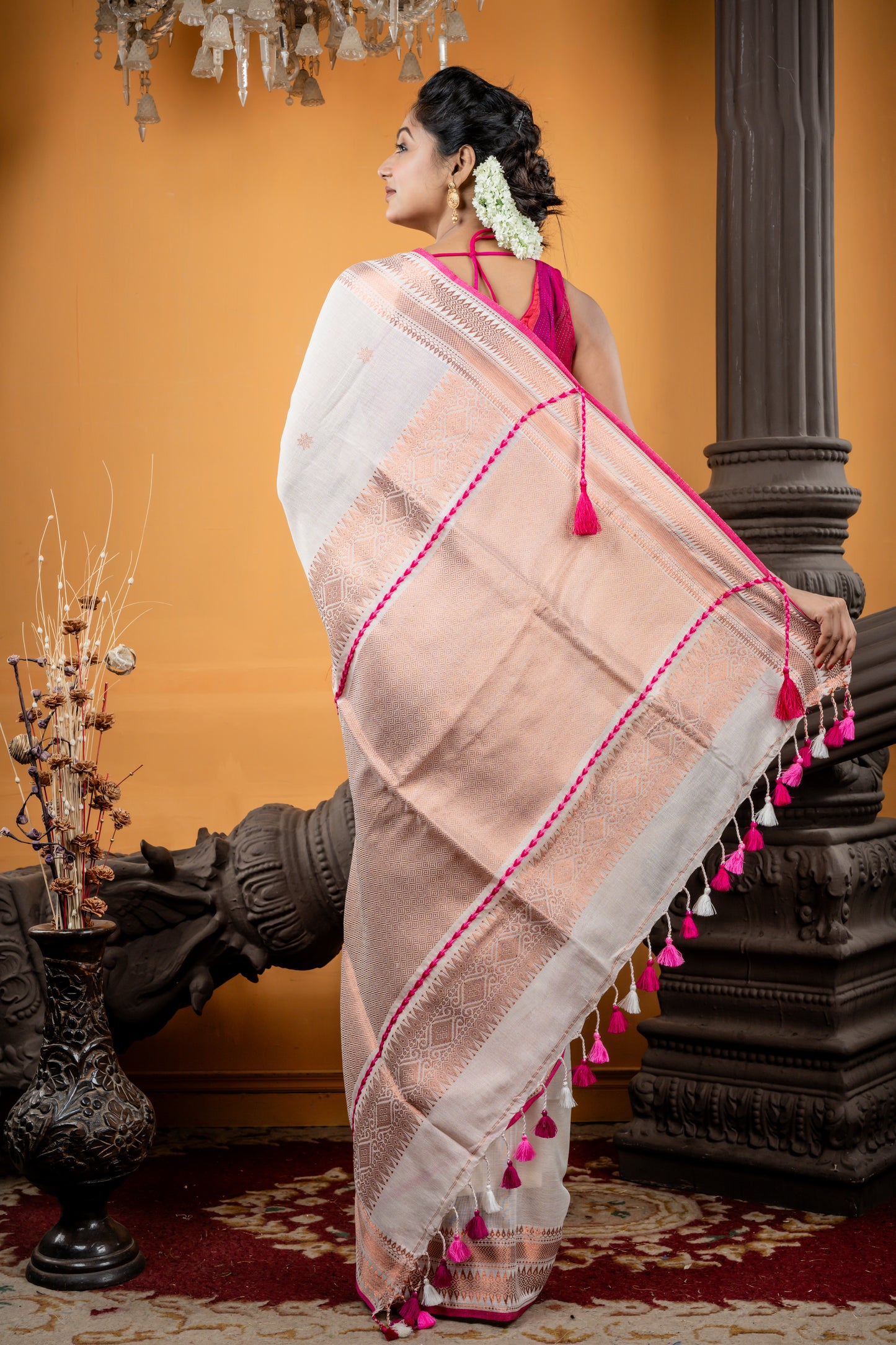 Off-White Mercerised Cotton with Magenta Pink 'Nakshatra Beni' design and all over Copper Buti