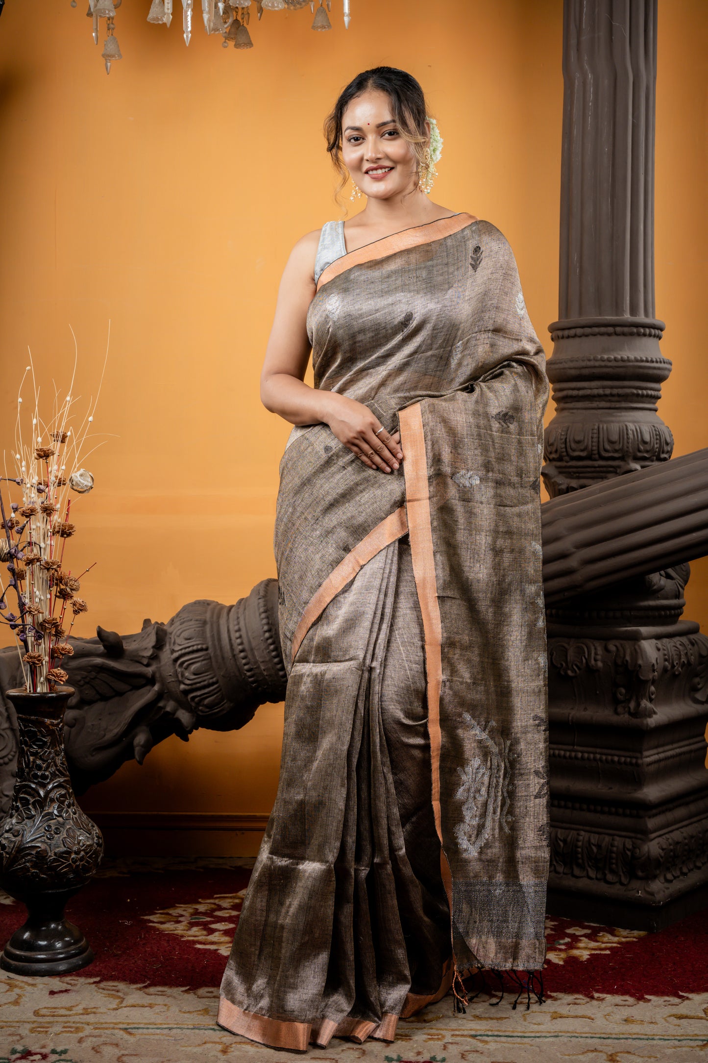 Metallic Charcoal Brown Linen Matka with Silver & Black Floral Motif, Jamdani Pallu and Copper Zari Border