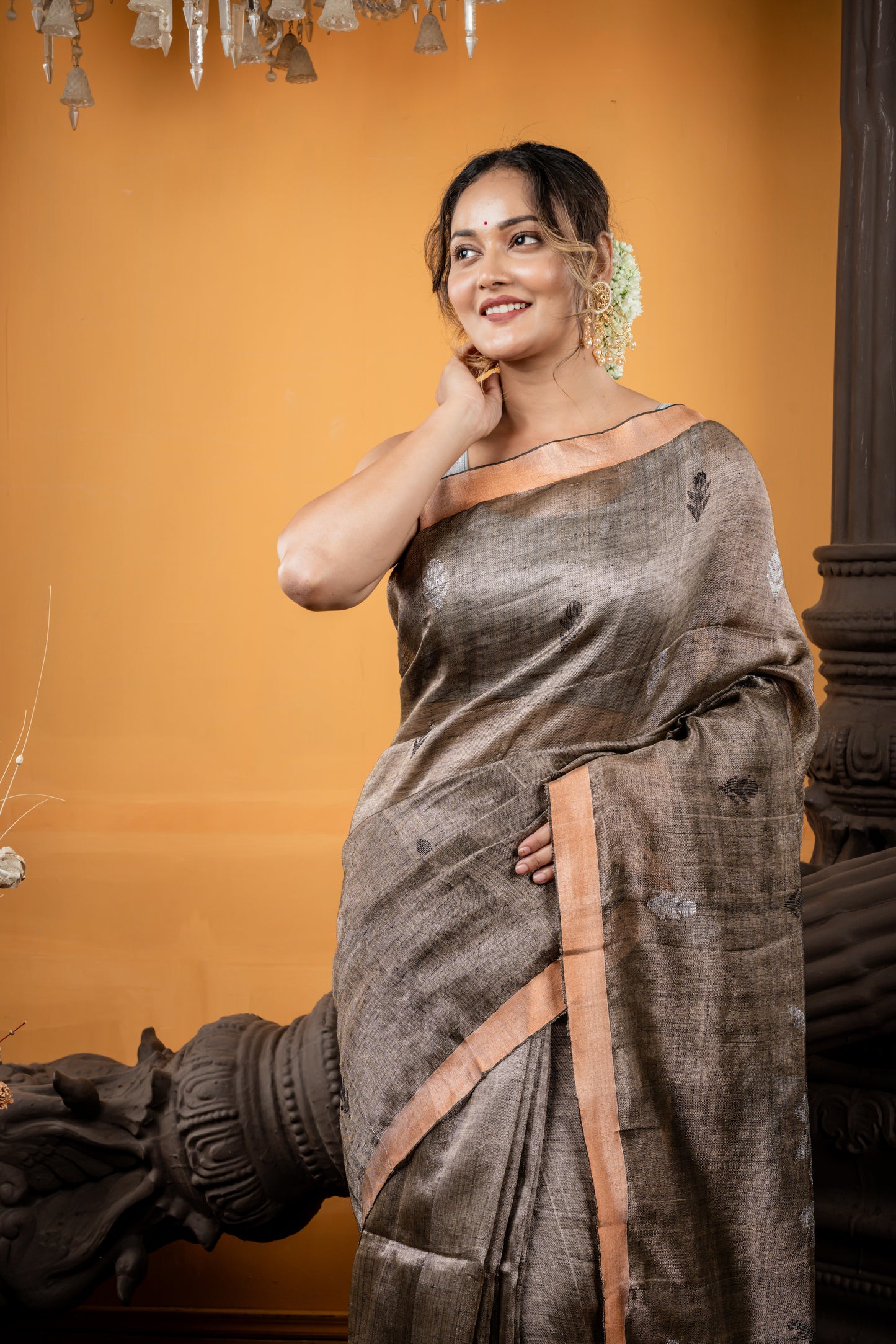 Metallic Charcoal Brown Linen Matka with Silver & Black Floral Motif, Jamdani Pallu and Copper Zari Border