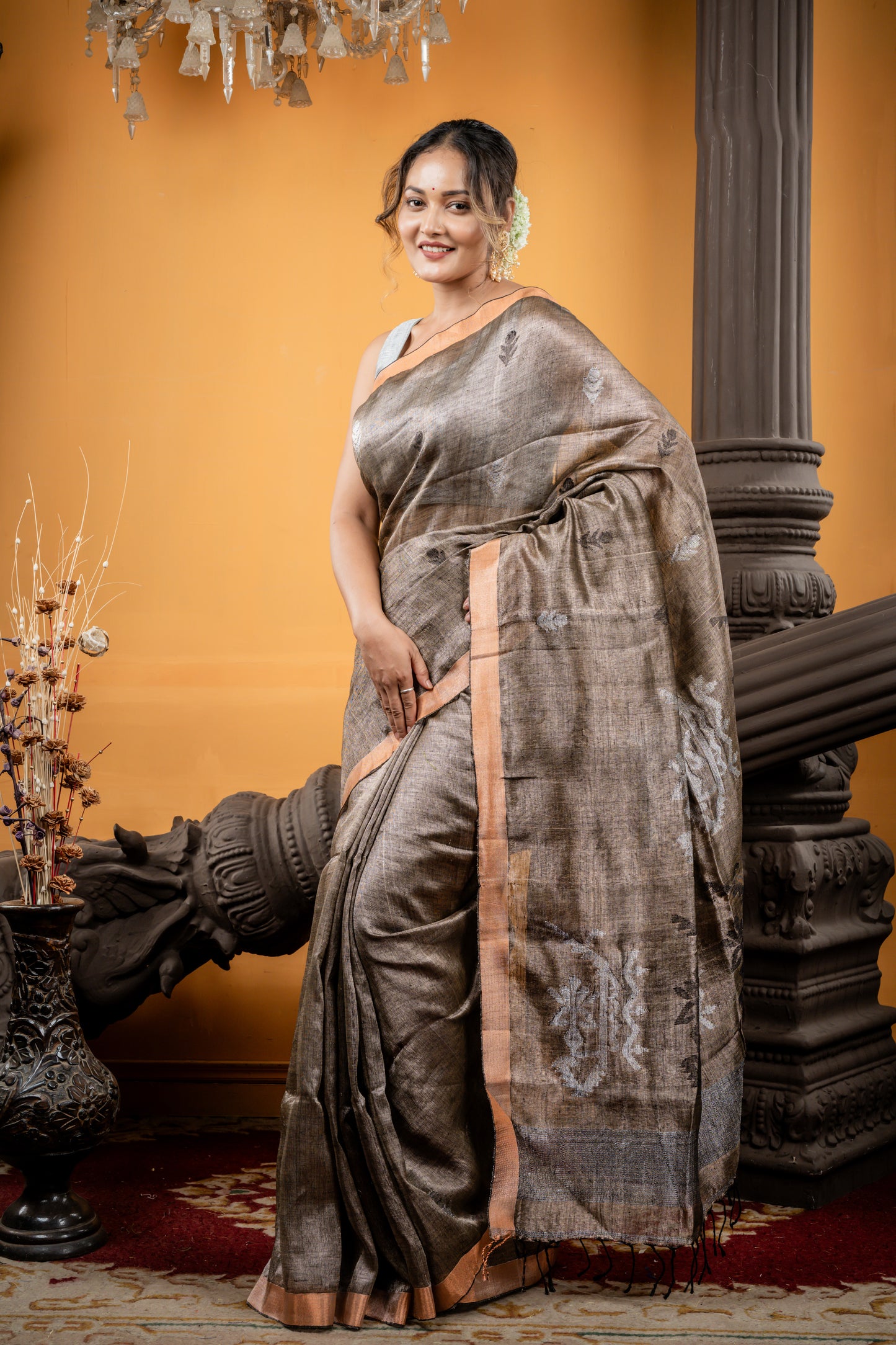 Metallic Charcoal Brown Linen Matka with Silver & Black Floral Motif, Jamdani Pallu and Copper Zari Border