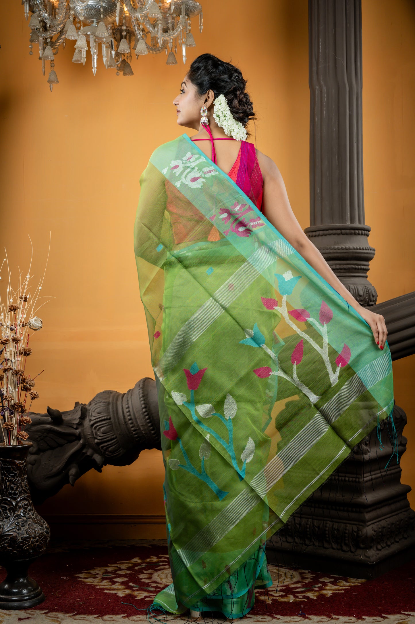 Olive Green Premium Muslin with Sea Green Jamdani Floral Border and Pallu