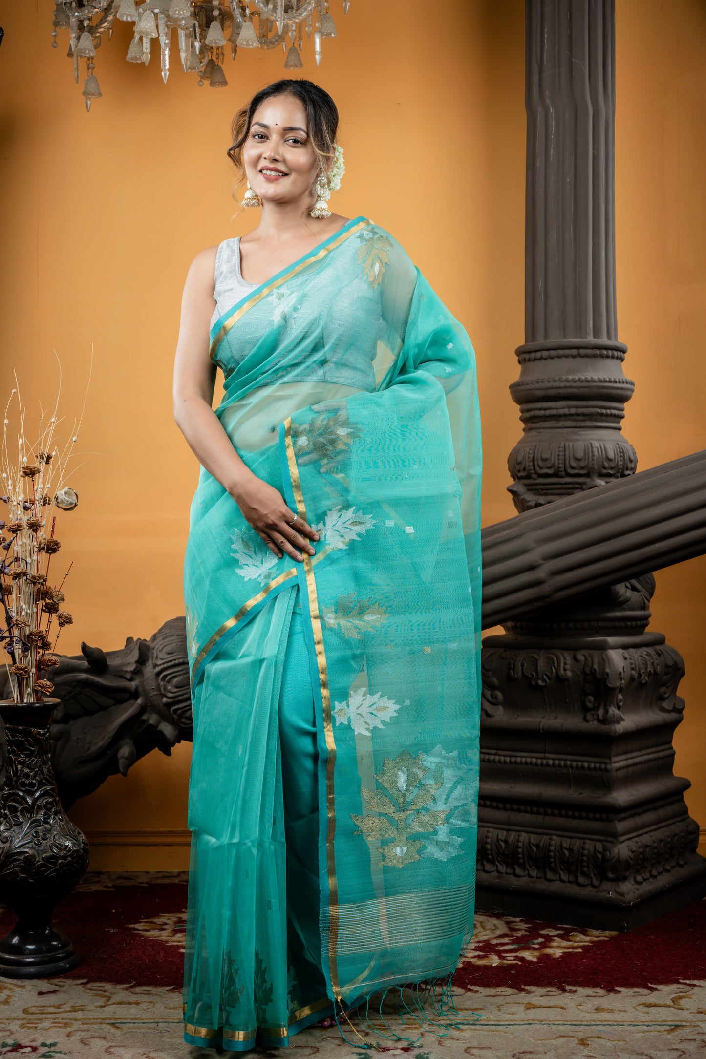 Teal Green Premium Muslin with Sona Rupa Square Buti, Sleek Gold Border and Floral Motif Pallu