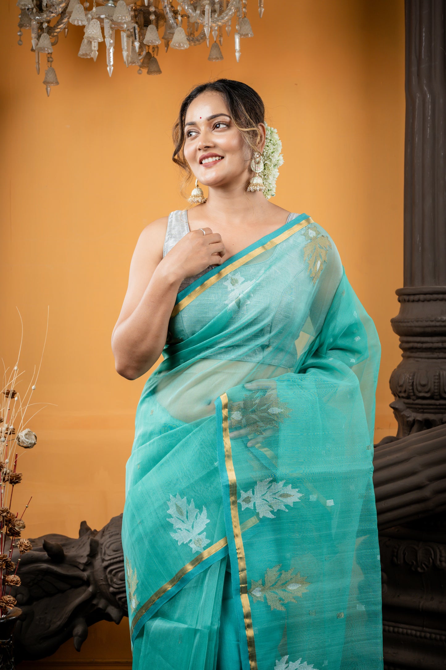 Teal Green Premium Muslin with Sona Rupa Square Buti, Sleek Gold Border and Floral Motif Pallu