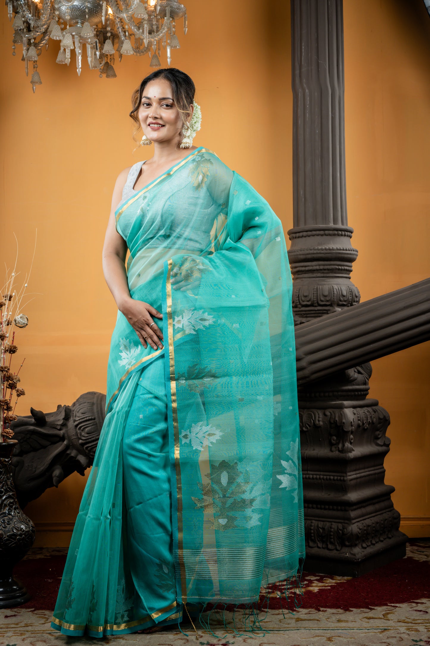 Teal Green Premium Muslin with Sona Rupa Square Buti, Sleek Gold Border and Floral Motif Pallu