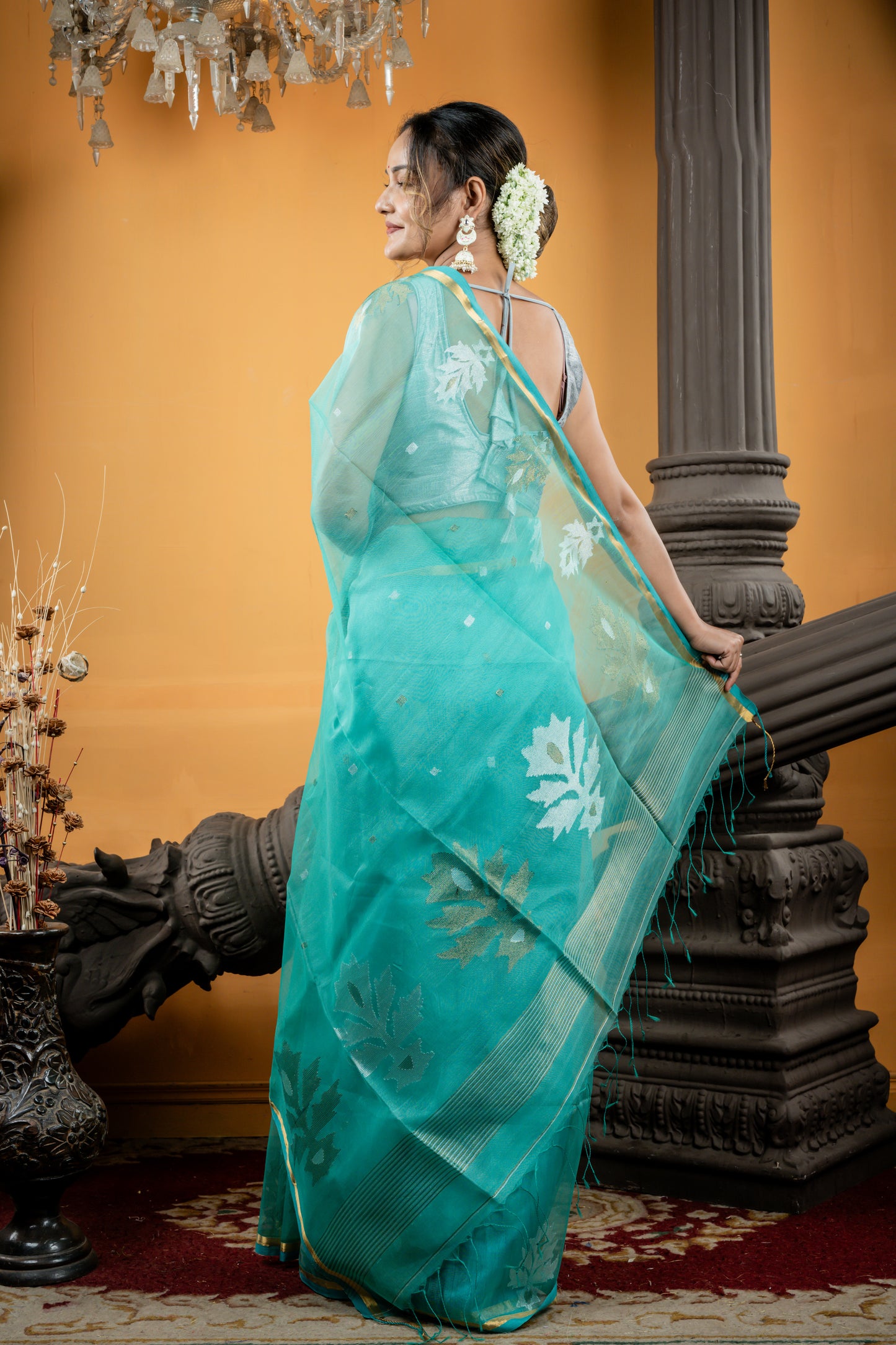 Teal Green Premium Muslin with Sona Rupa Square Buti, Sleek Gold Border and Floral Motif Pallu