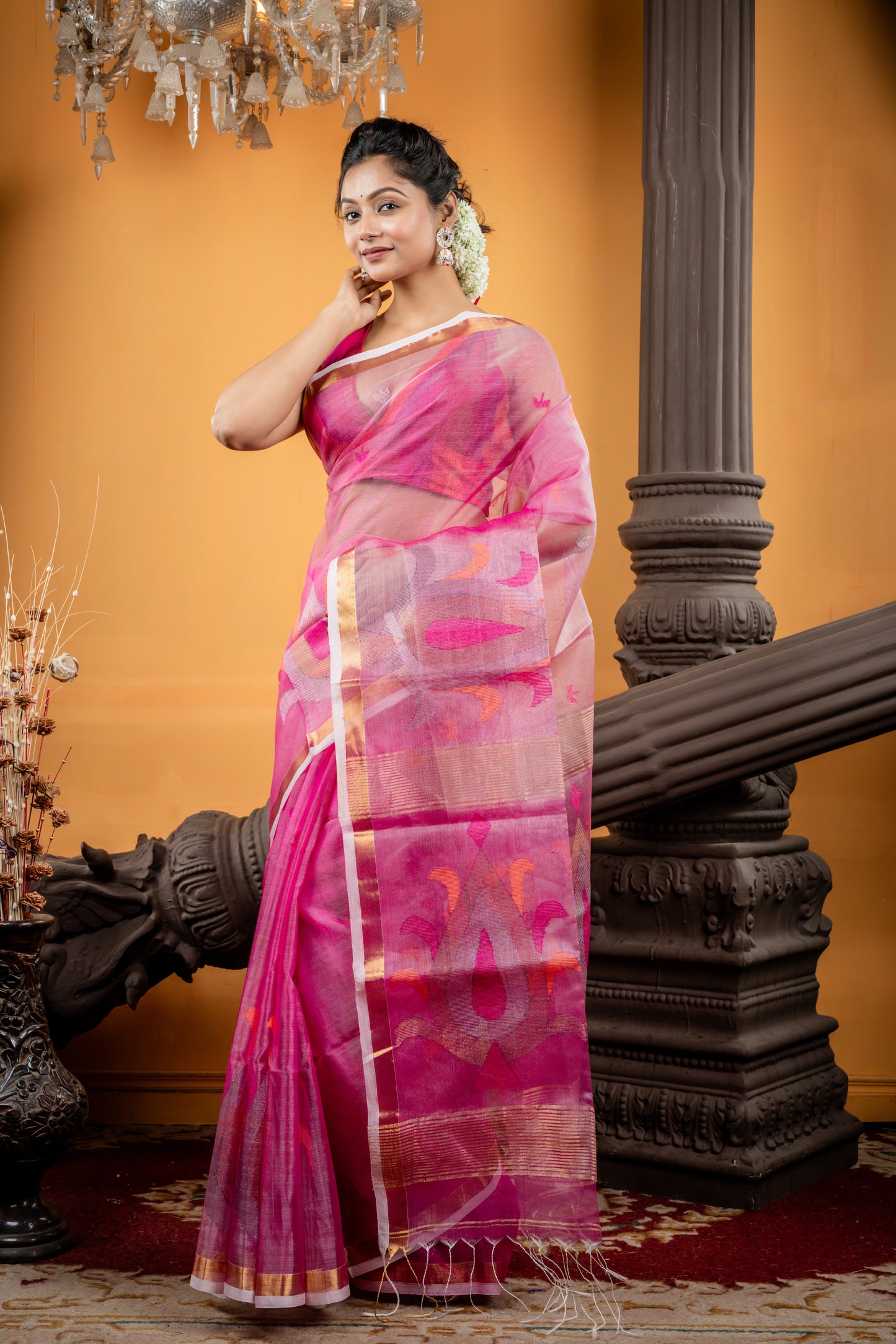 Pink & White Dual Tone Premium Muslin with Traditional Buti, Jamdani Pallu and Zari Border