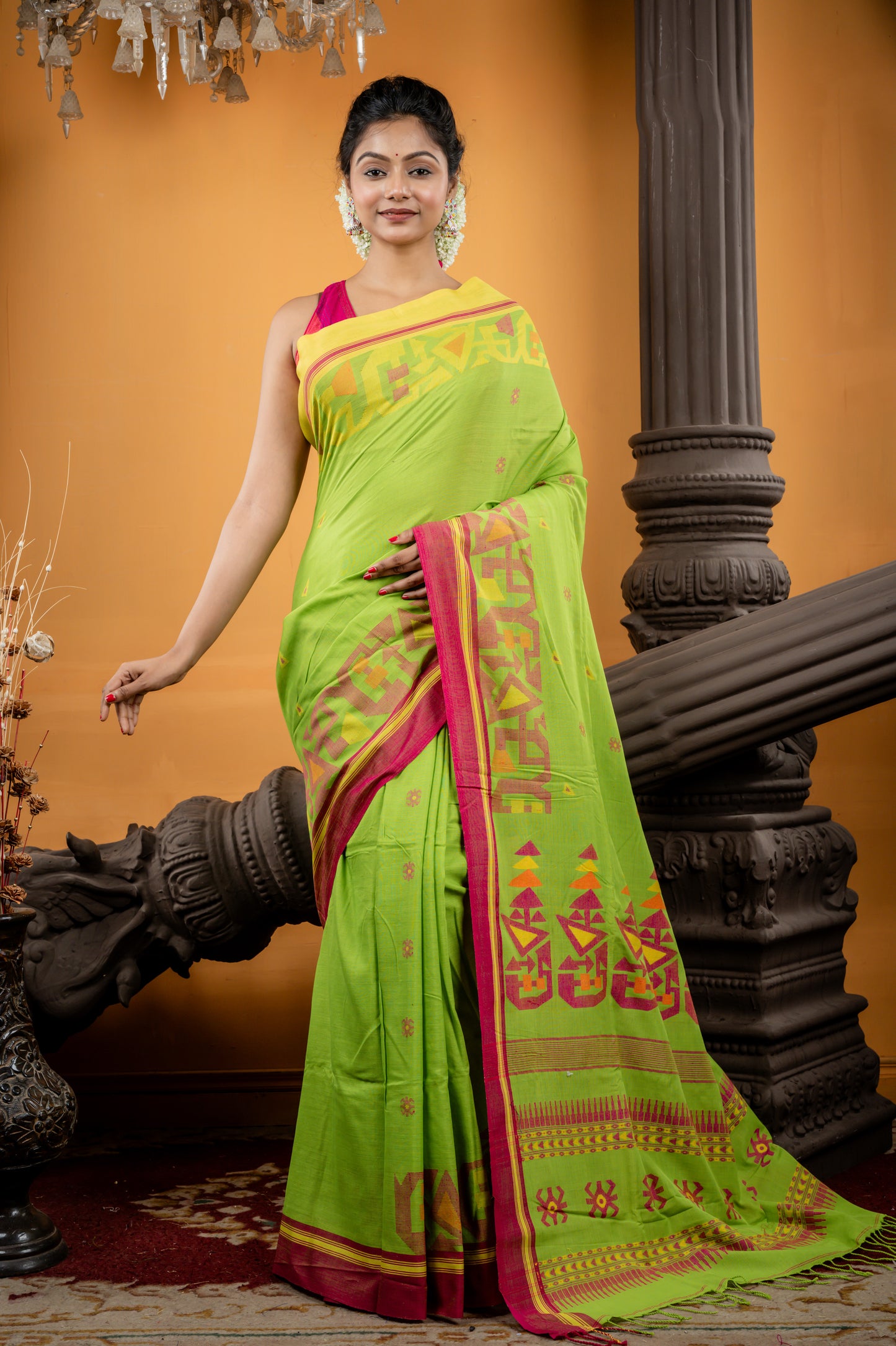 Pista Green Cotton Saree with Pink & Yellow 'Ganga Jamuna' Border and Temple Pallu