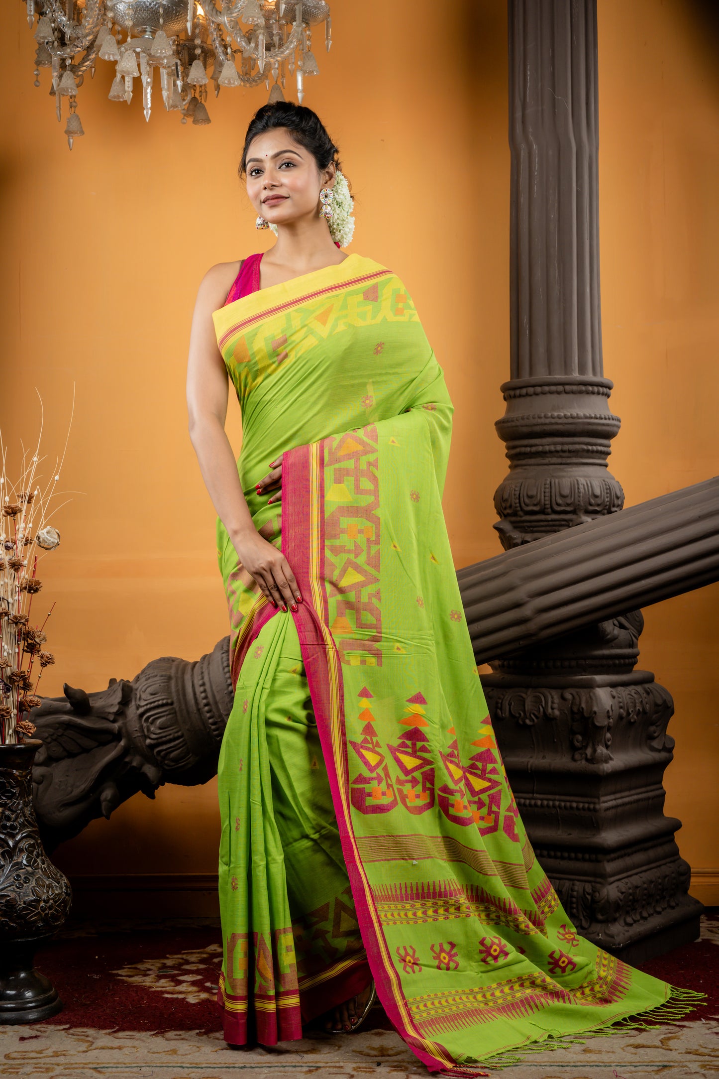 Pista Green Cotton Saree with Pink & Yellow 'Ganga Jamuna' Border and Temple Pallu