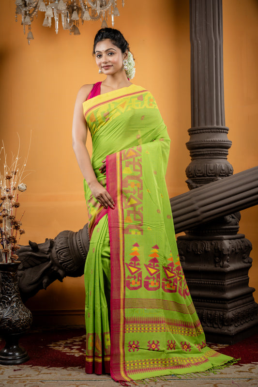 Pista Green Cotton Saree with Pink & Yellow 'Ganga Jamuna' Border and Temple Pallu