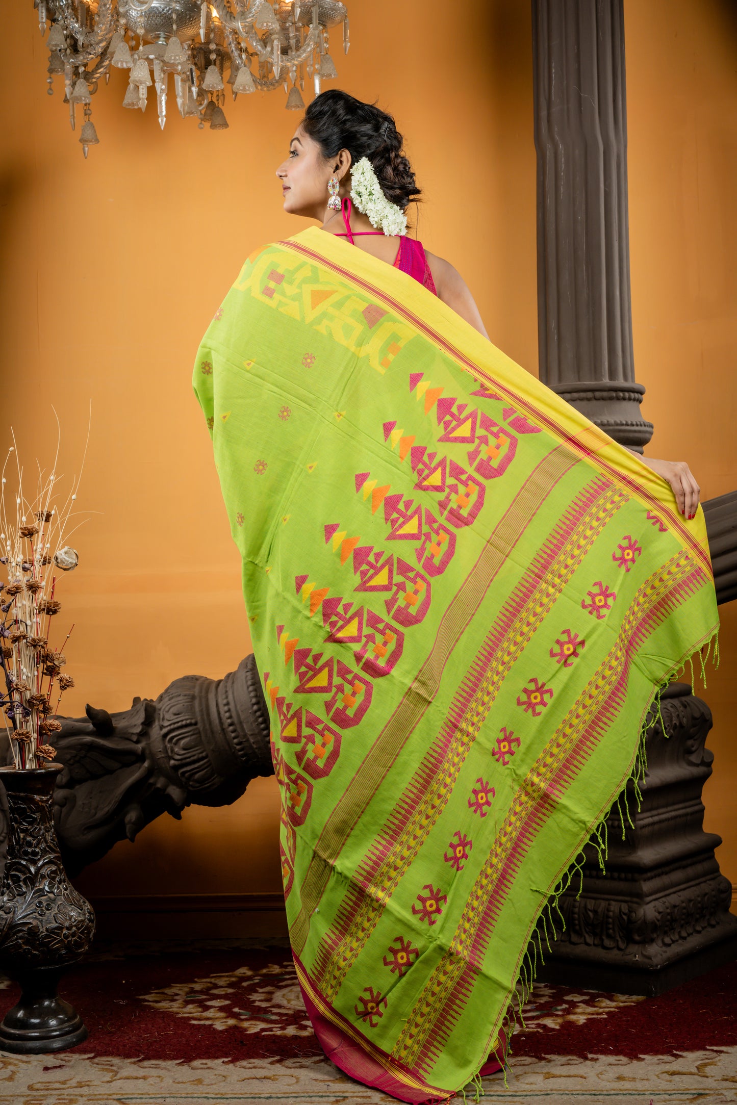 Pista Green Cotton Saree with Pink & Yellow 'Ganga Jamuna' Border and Temple Pallu