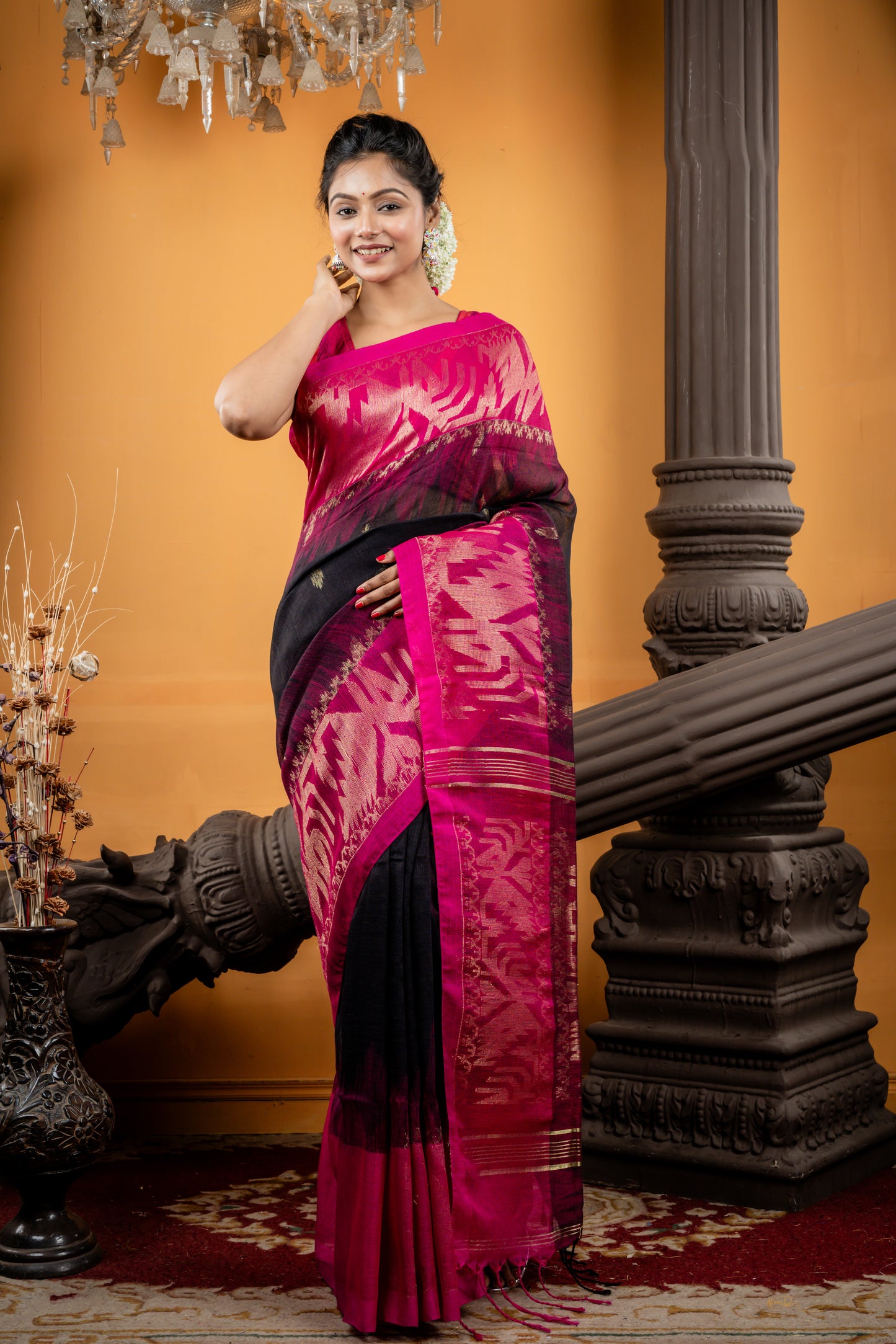 Black Linen with Magenta Pink Zari Border and Pallu