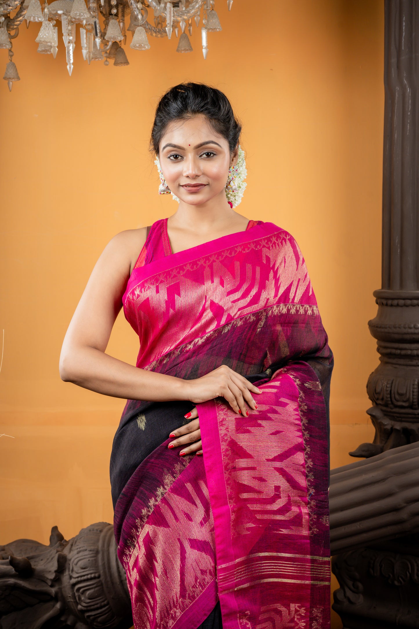 Black Linen with Magenta Pink Zari Border and Pallu