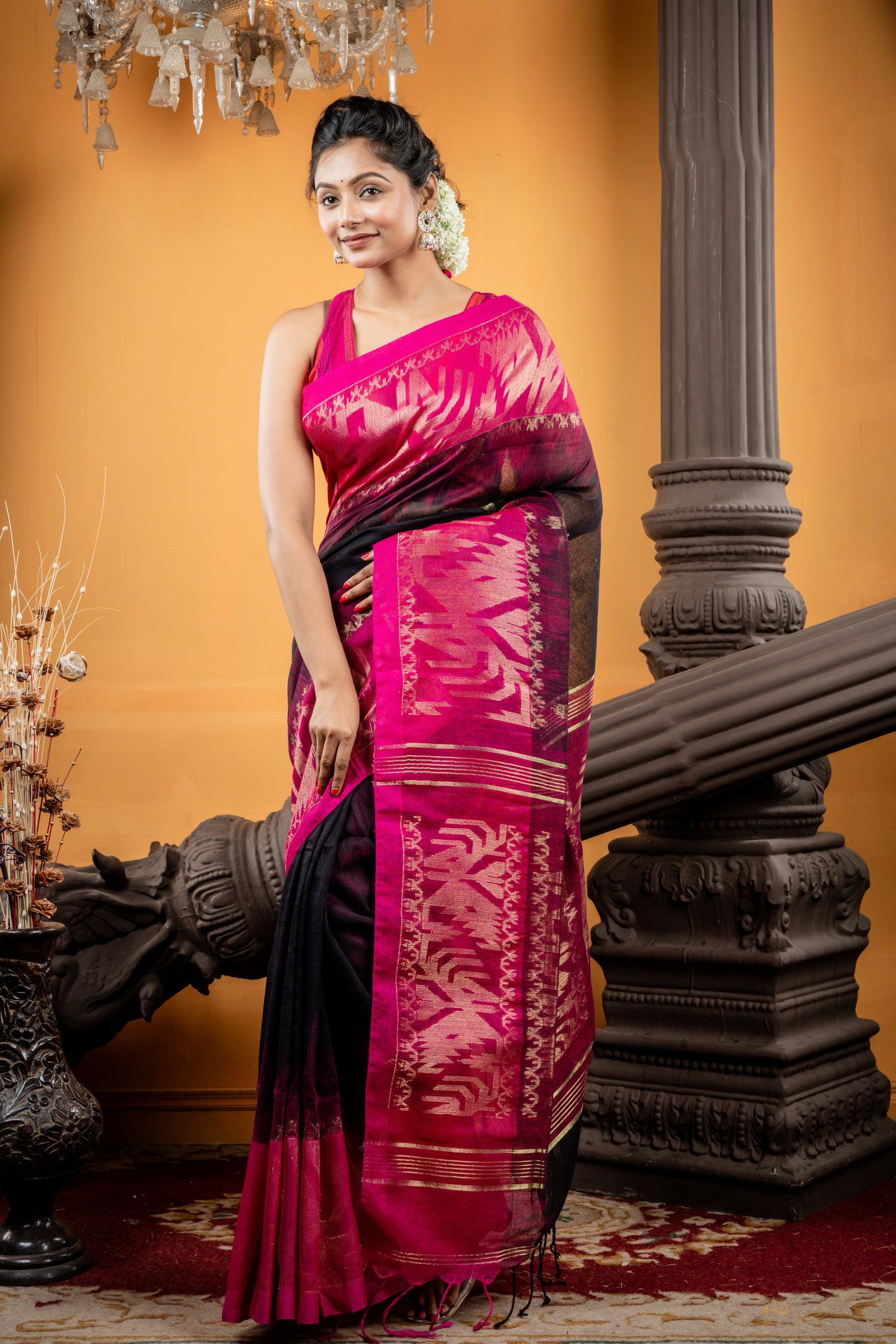 Black Linen with Magenta Pink Zari Border and Pallu