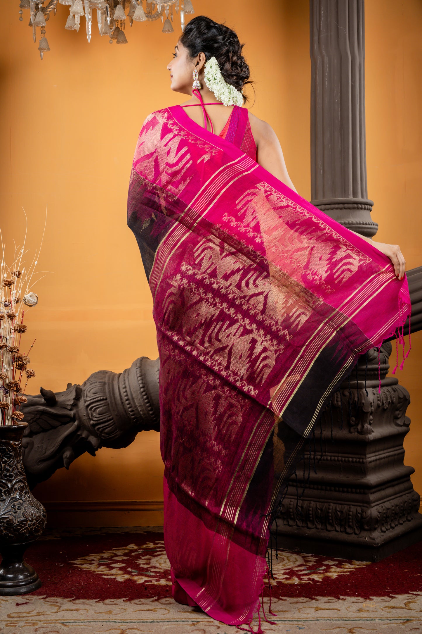 Black Linen with Magenta Pink Zari Border and Pallu