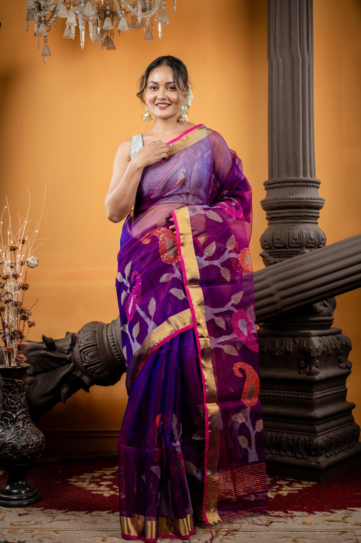 Purple & Pink Dual Tone Premium Muslin with Sequins highlighted Multi-colour 'Aam Kalka' Border and Pallu