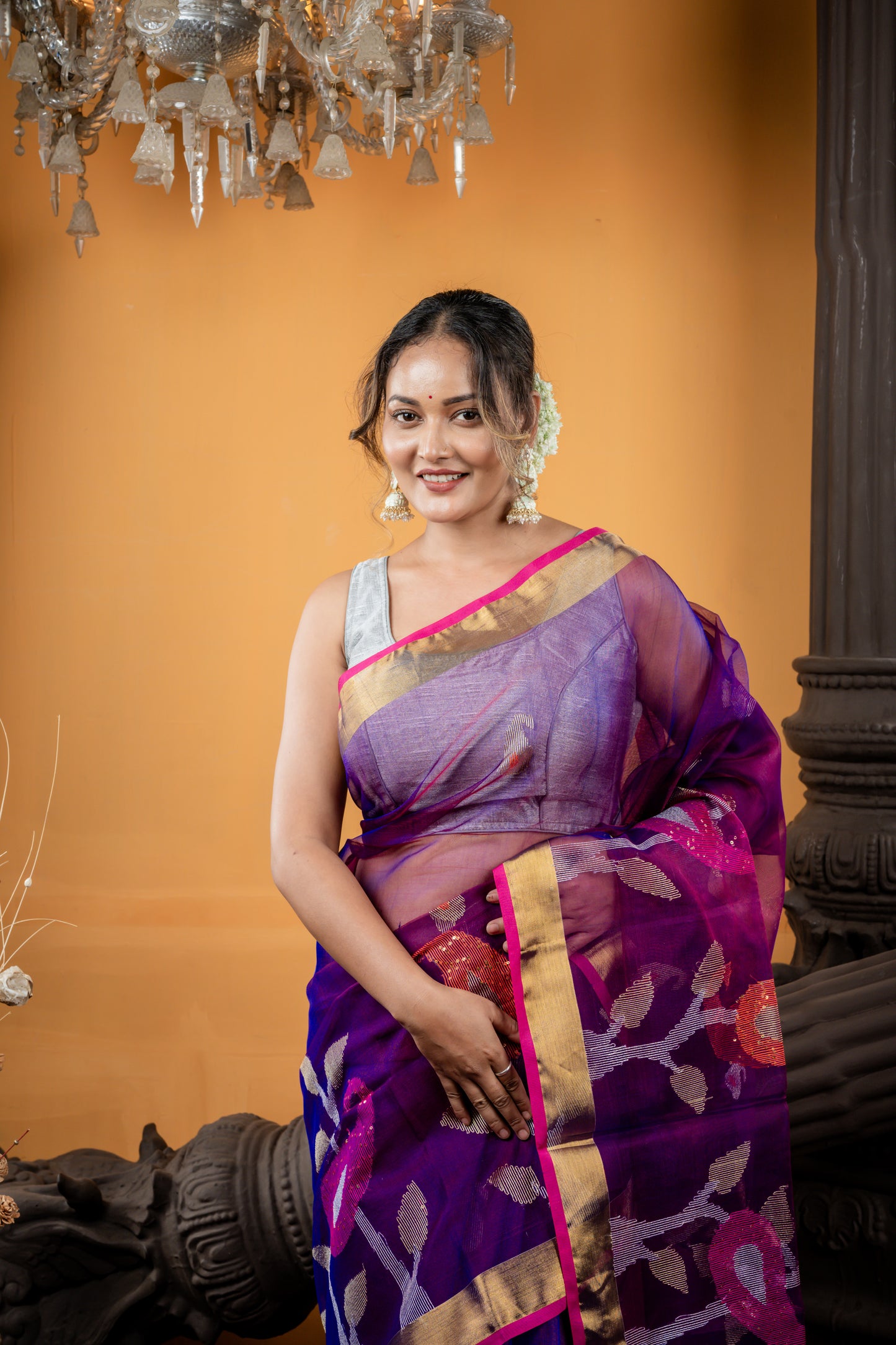 Purple & Pink Dual Tone Premium Muslin with Sequins highlighted Multi-colour 'Aam Kalka' Border and Pallu