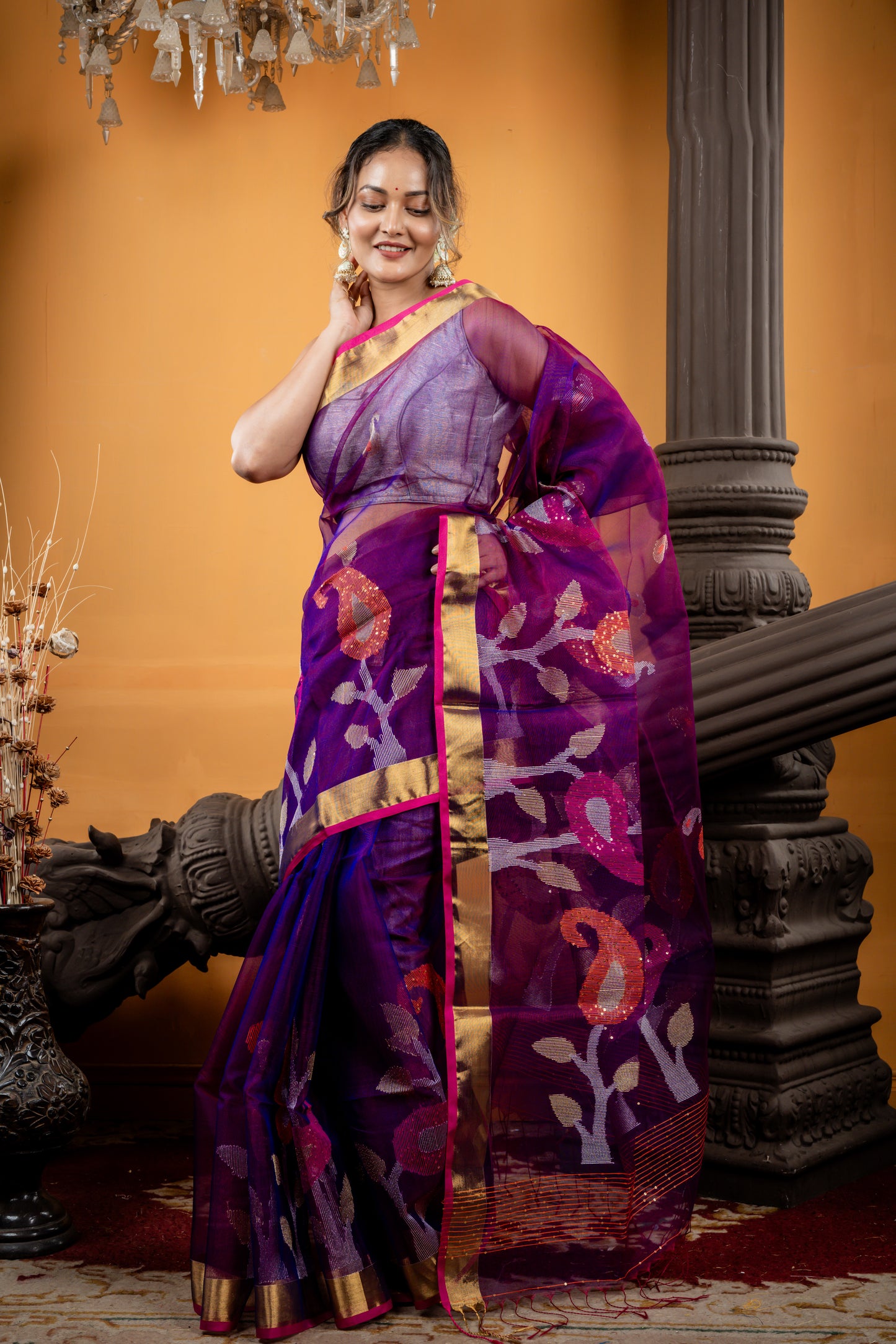 Purple & Pink Dual Tone Premium Muslin with Sequins highlighted Multi-colour 'Aam Kalka' Border and Pallu