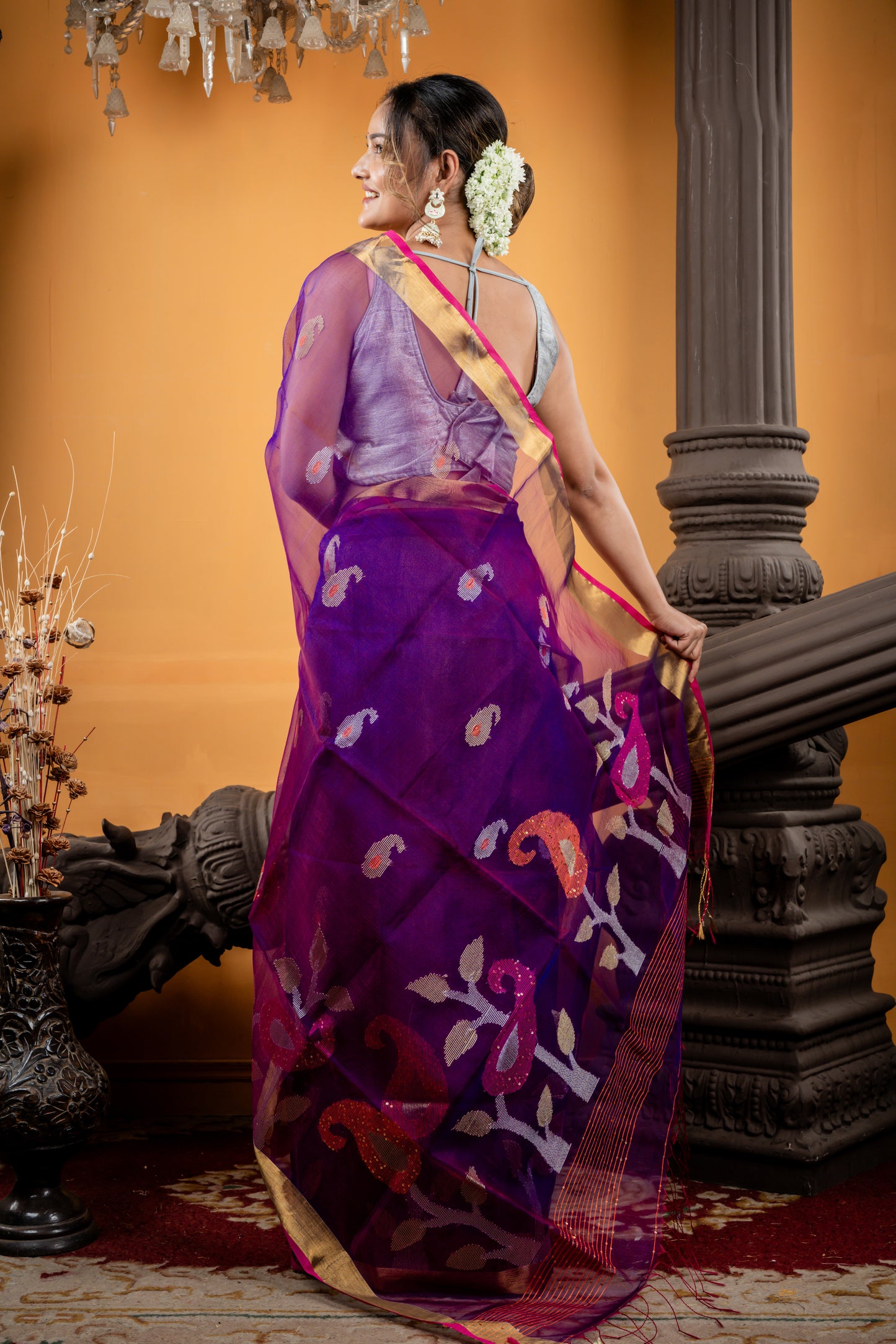 Purple & Pink Dual Tone Premium Muslin with Sequins highlighted Multi-colour 'Aam Kalka' Border and Pallu