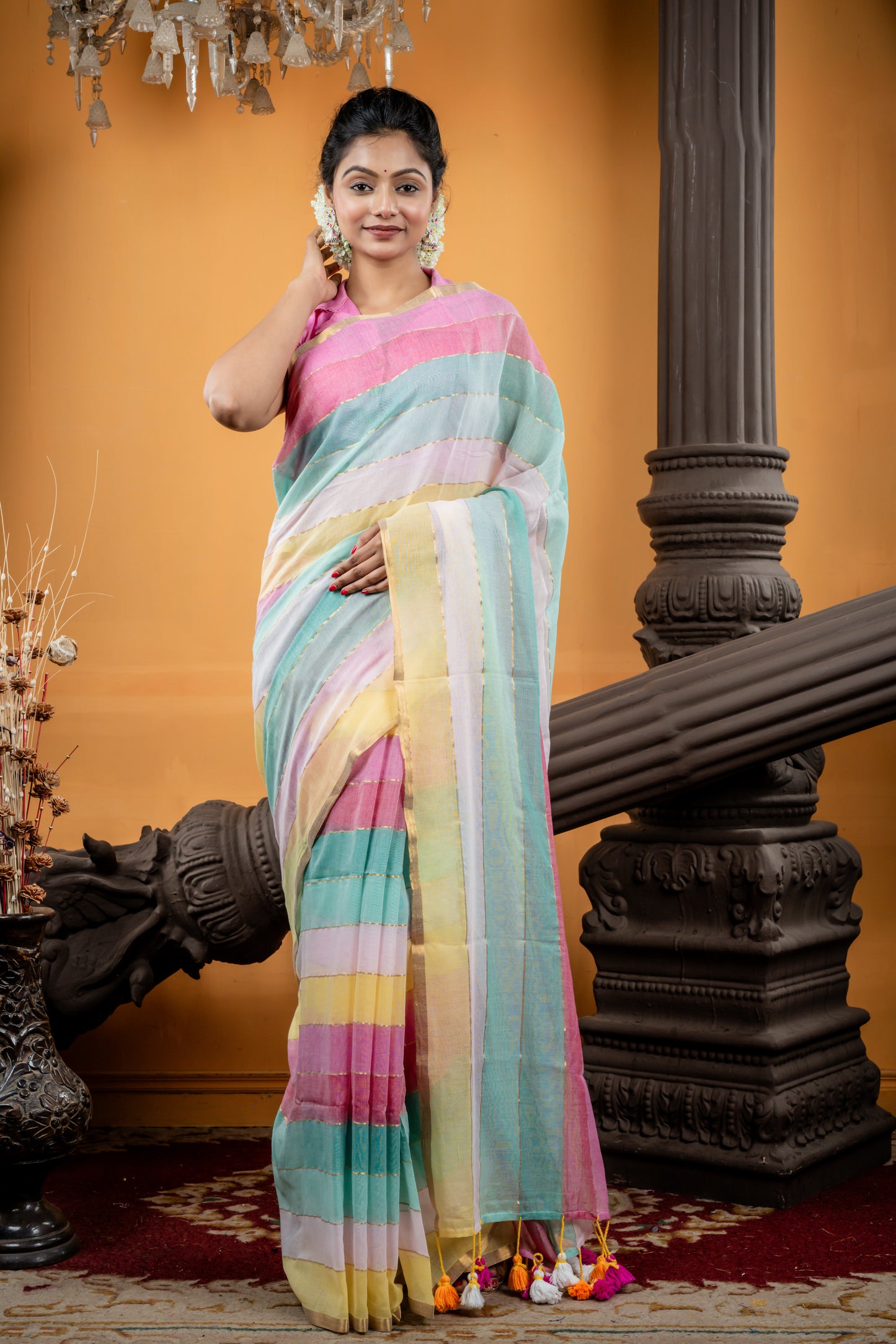 Pastel Multi-colour Mul Cotton with Hexa Stripe Blocks