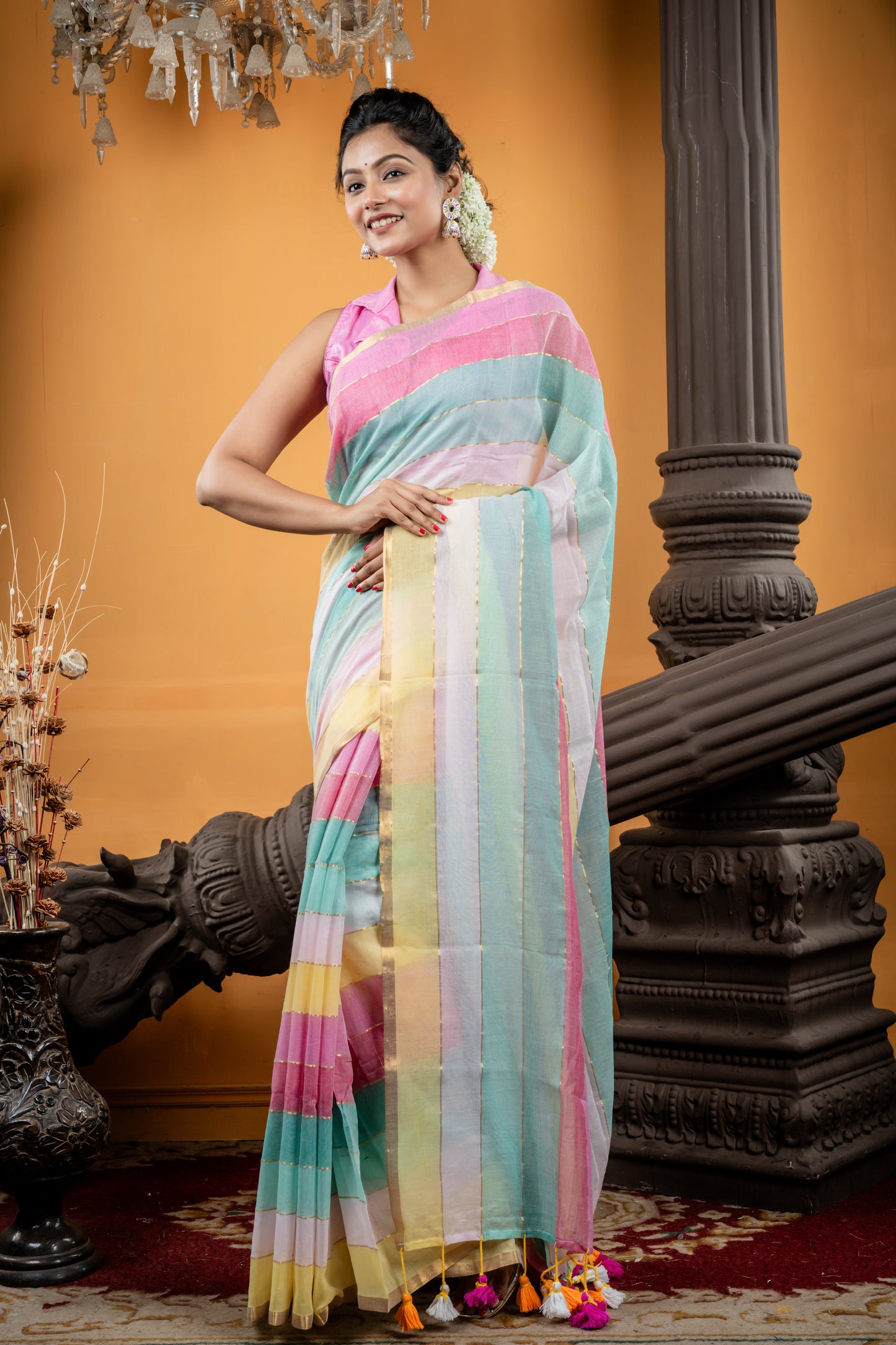 Pastel Multi-colour Mul Cotton with Hexa Stripe Blocks