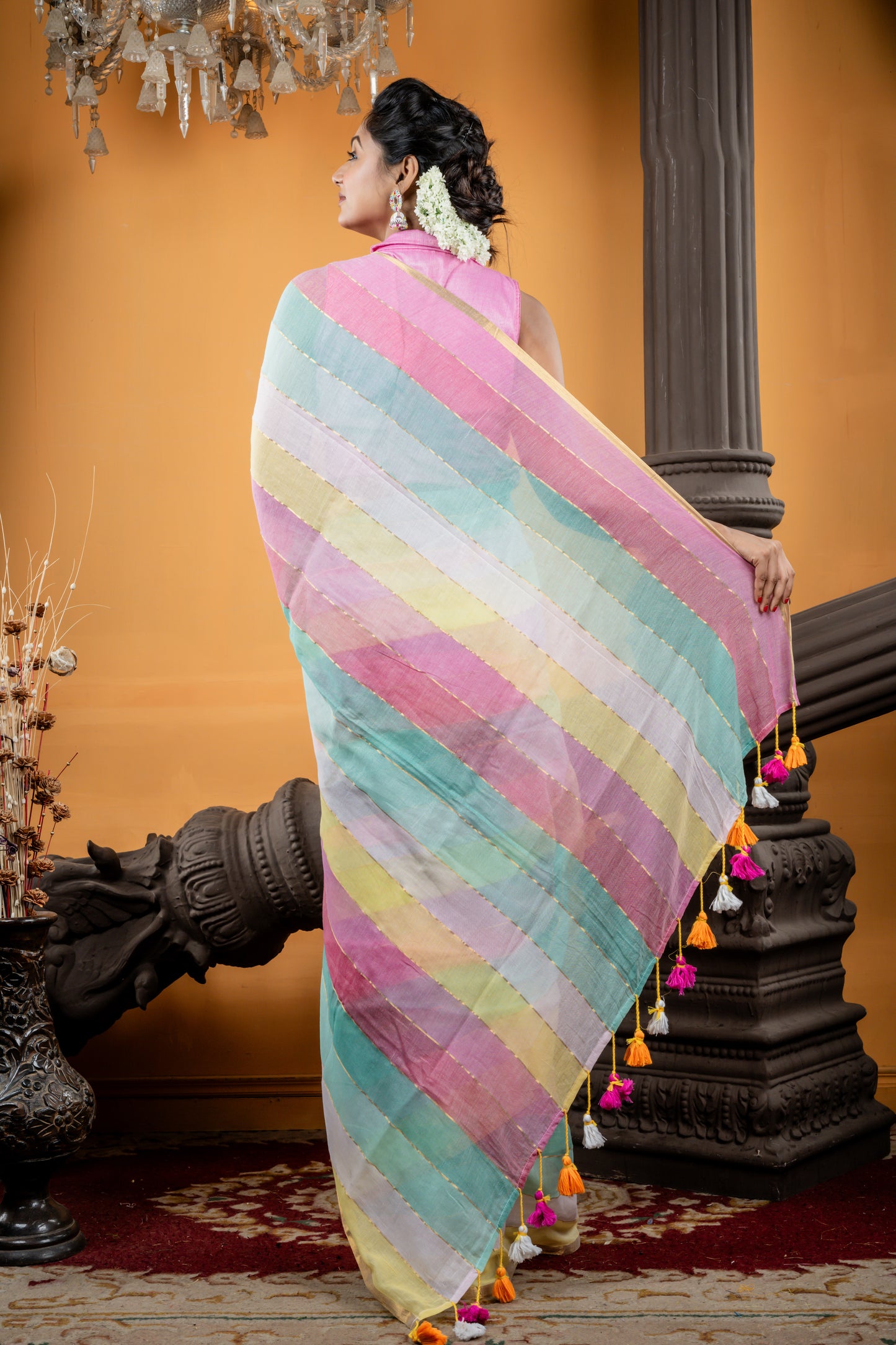 Pastel Multi-colour Mul Cotton with Hexa Stripe Blocks