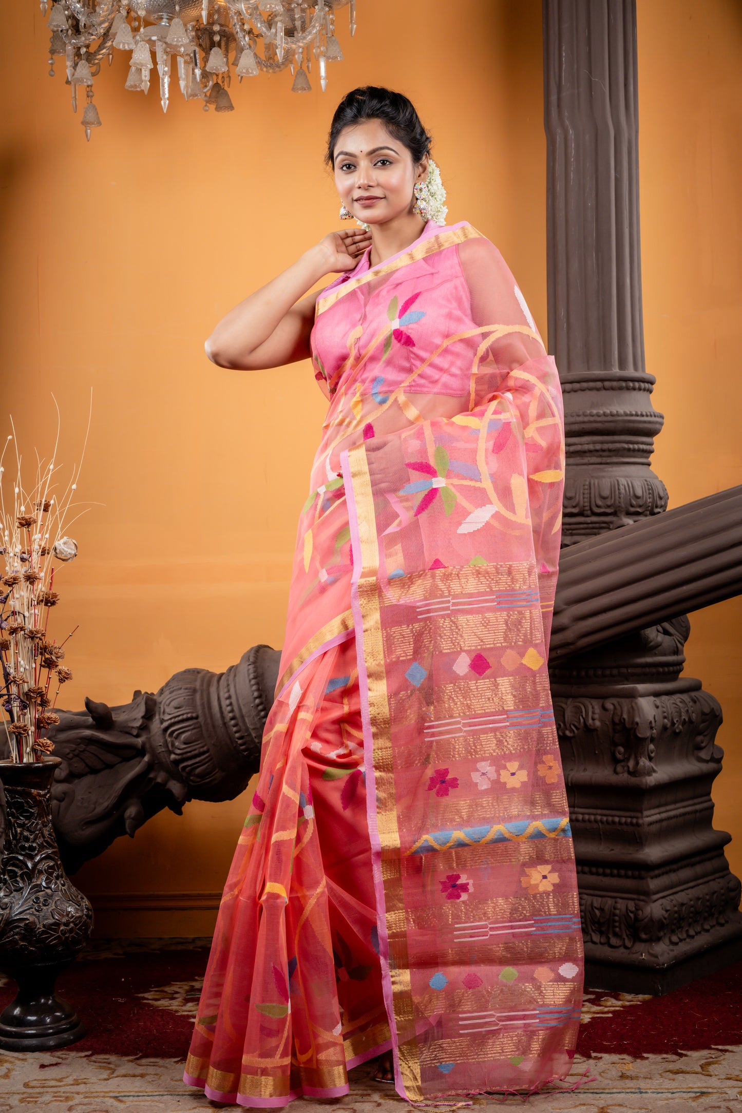 Coral Pink Premium Muslin with All Over Multi-Colour Floral Jamdani and Buti on Pallu