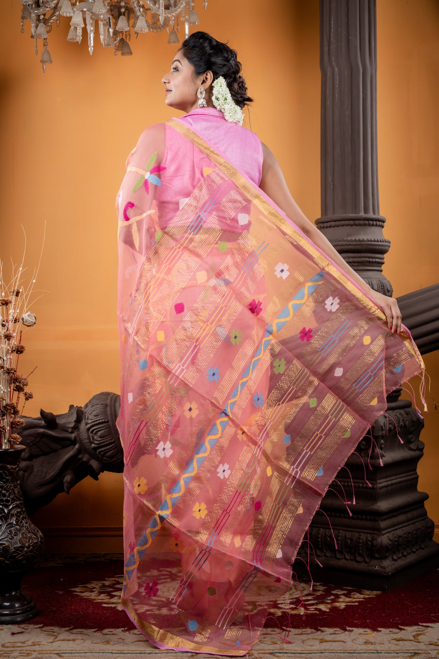 Coral Pink Premium Muslin with All Over Multi-Colour Floral Jamdani and Buti on Pallu