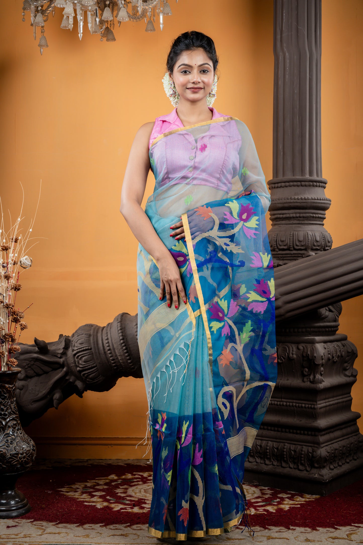 Dusty Blue and Peacock Blue Premium Muslin with Traditional Jamdani Buti, Floral Border and Pallu