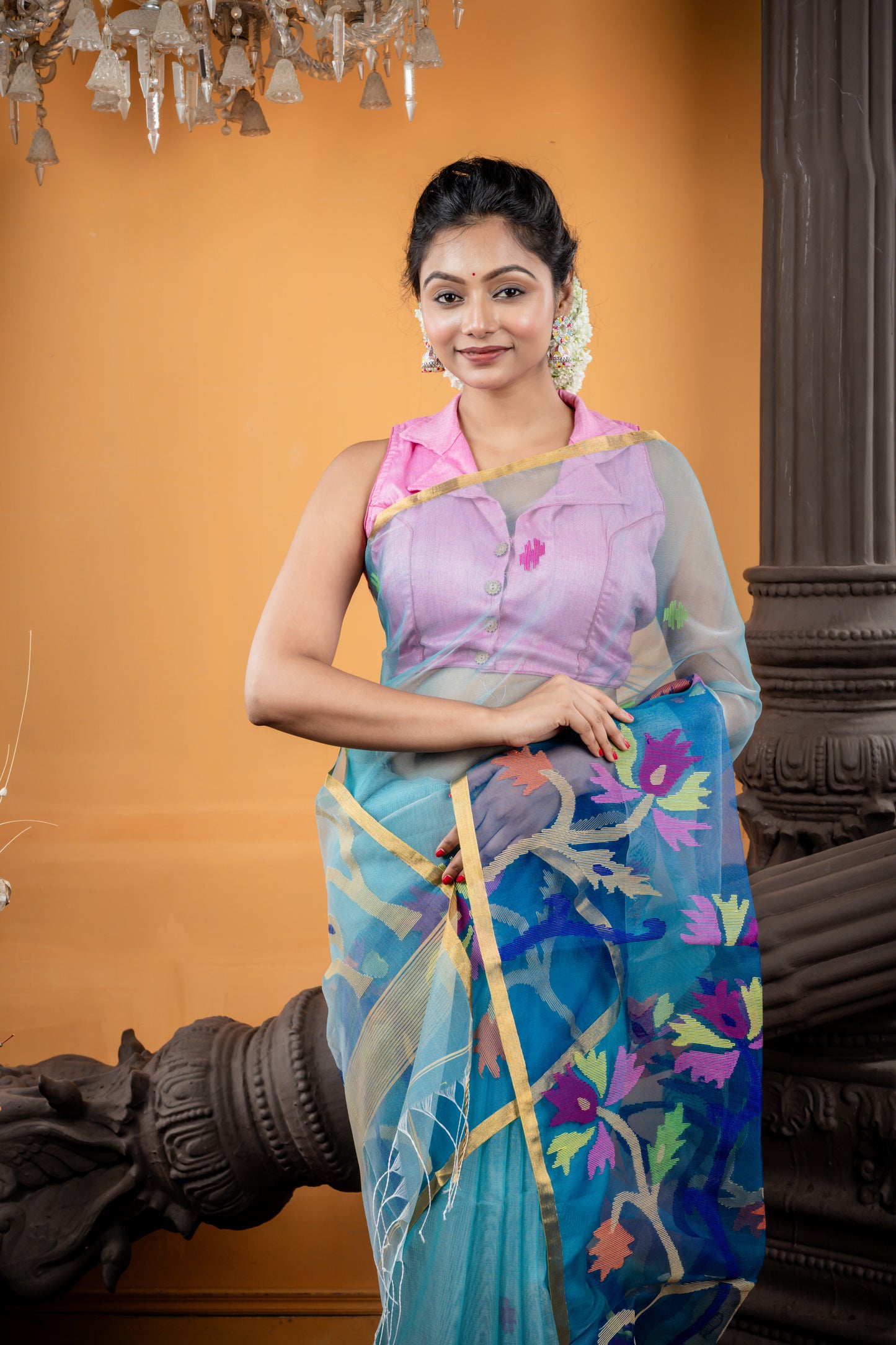 Dusty Blue and Peacock Blue Premium Muslin with Traditional Jamdani Buti, Floral Border and Pallu