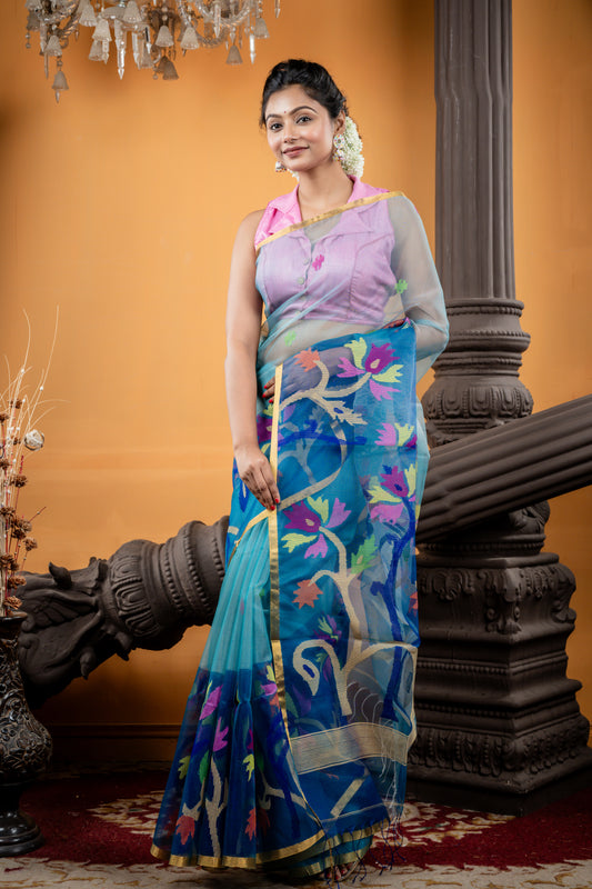 Dusty Blue and Peacock Blue Premium Muslin with Traditional Jamdani Buti, Floral Border and Pallu