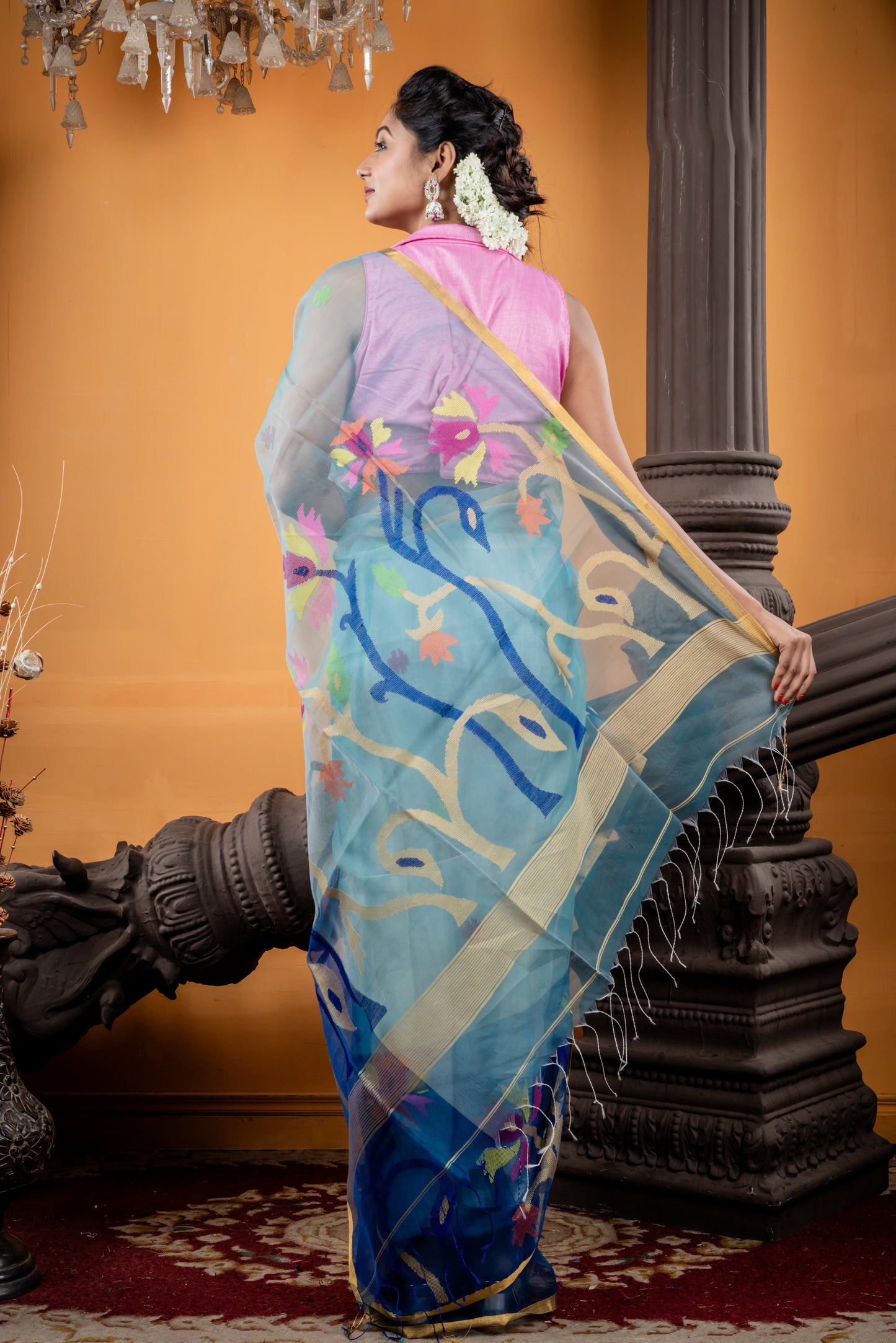 Dusty Blue and Peacock Blue Premium Muslin with Traditional Jamdani Buti, Floral Border and Pallu