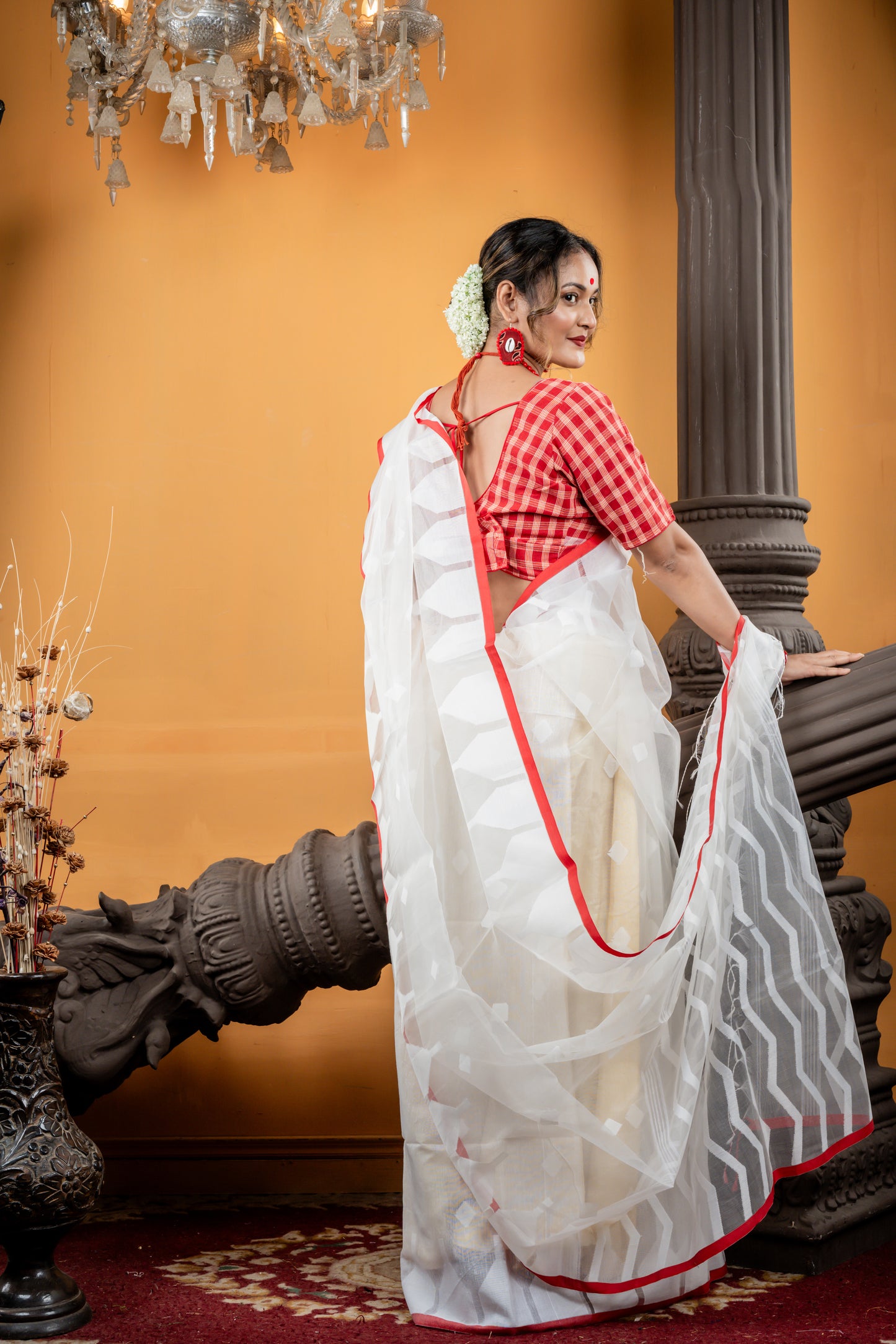 White Muslin with Self Design Temple and Sleek Red Border