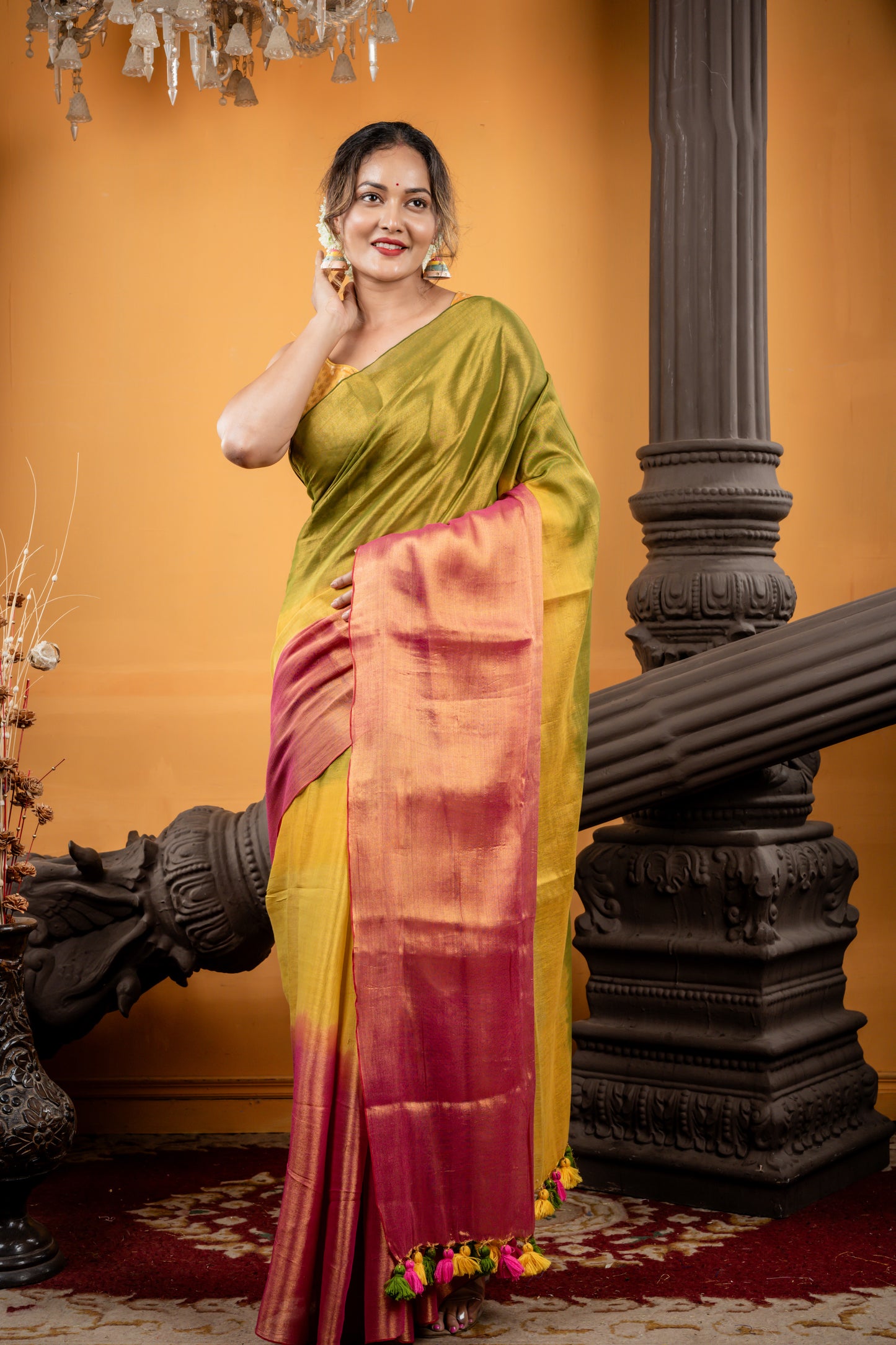 Metallic Mustard Yellow, Pink and Olive Green tri-colour Ombre Pure Raga Linen