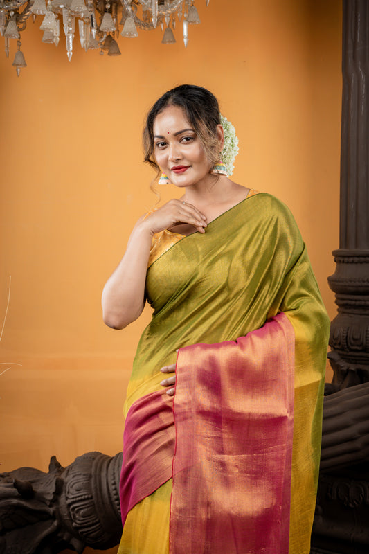 Metallic Mustard Yellow, Pink and Olive Green tri-colour Ombre Pure Raga Linen