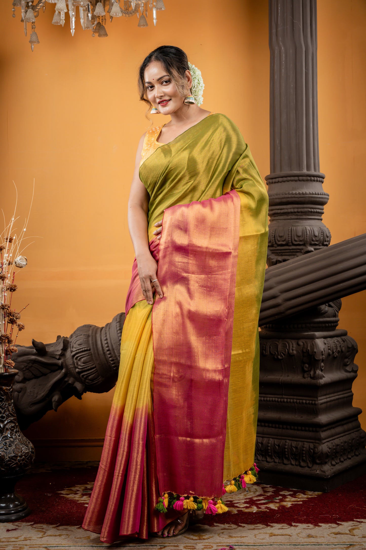 Metallic Mustard Yellow, Pink and Olive Green tri-colour Ombre Pure Raga Linen