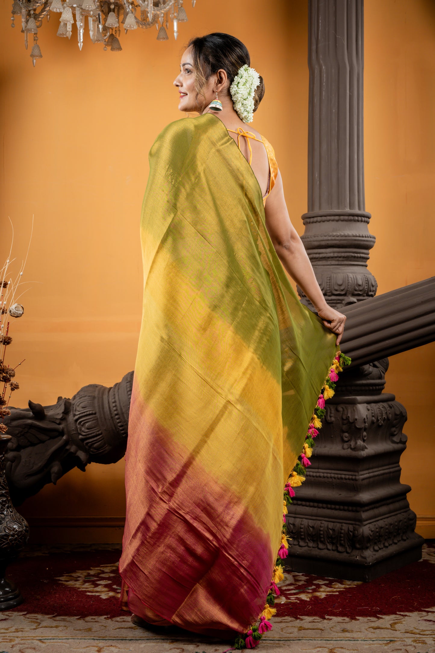 Metallic Mustard Yellow, Pink and Olive Green tri-colour Ombre Pure Raga Linen