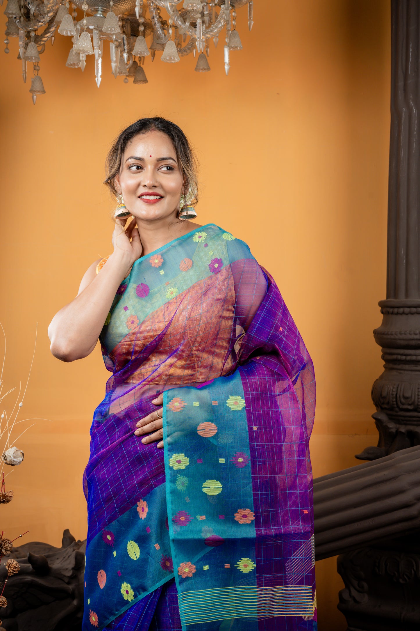 Purple Premium Muslin with Sea Green Checks, Jamdani Buti Border and Floral Pallu