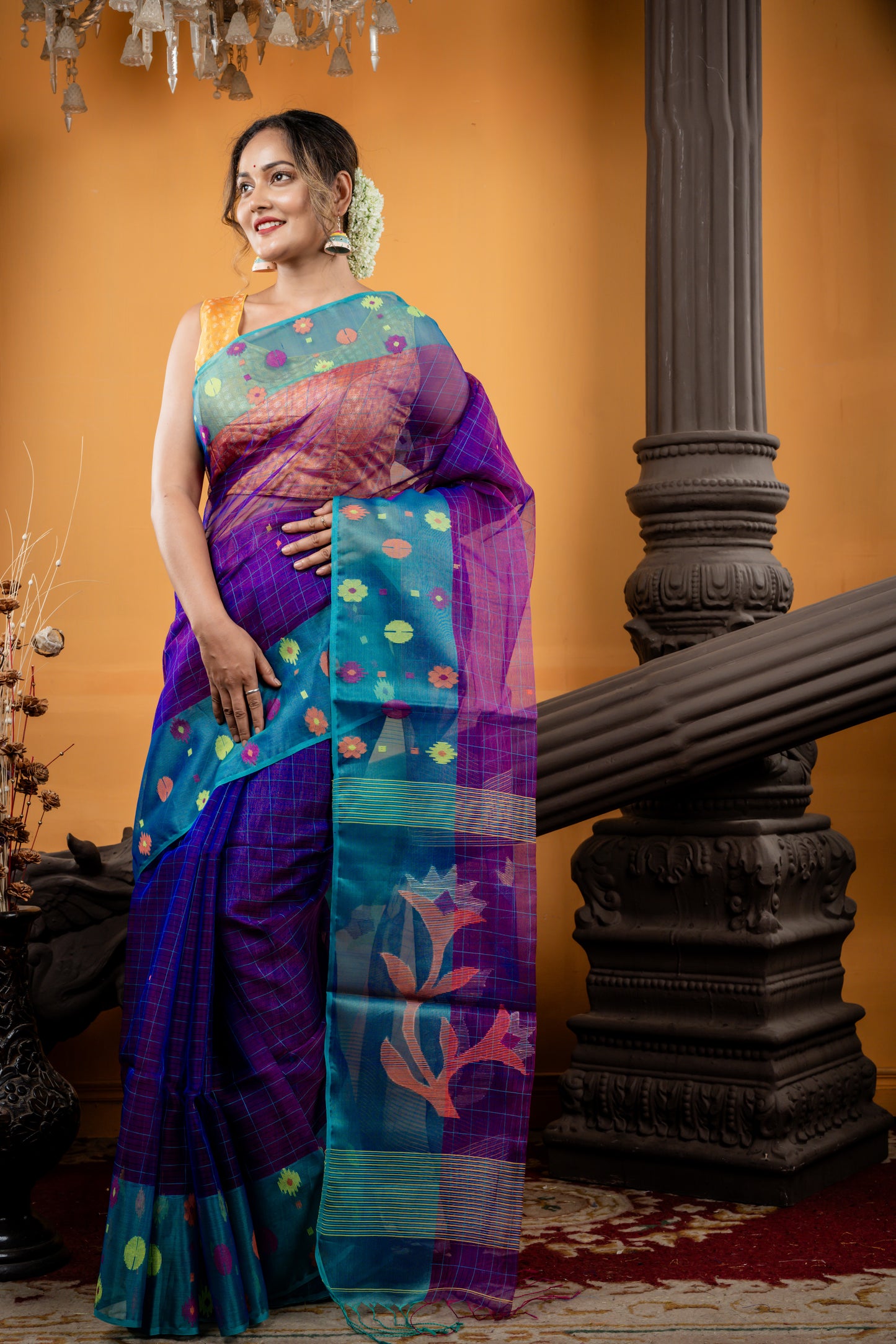 Purple Premium Muslin with Sea Green Checks, Jamdani Buti Border and Floral Pallu