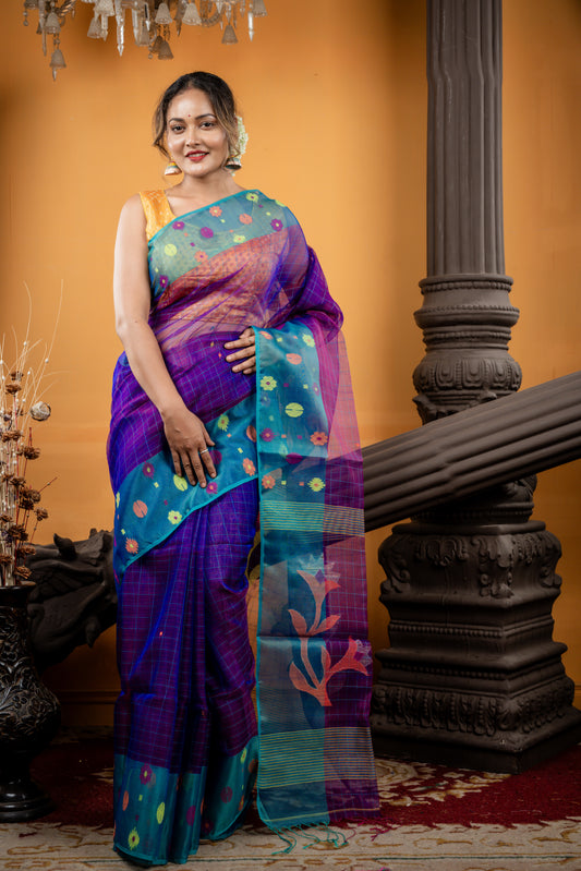 Purple Premium Muslin with Sea Green Checks, Jamdani Buti Border and Floral Pallu