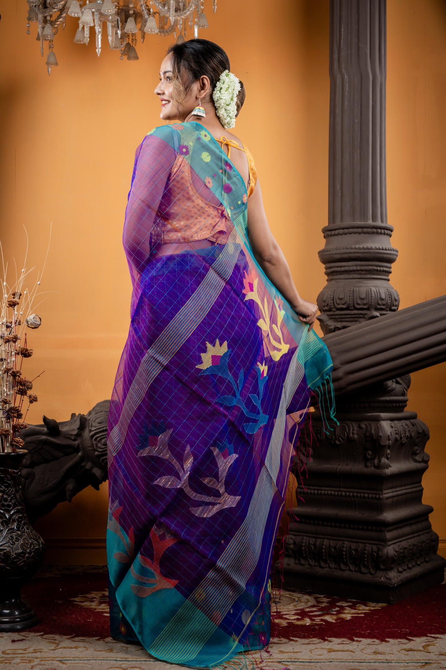 Purple Premium Muslin with Sea Green Checks, Jamdani Buti Border and Floral Pallu