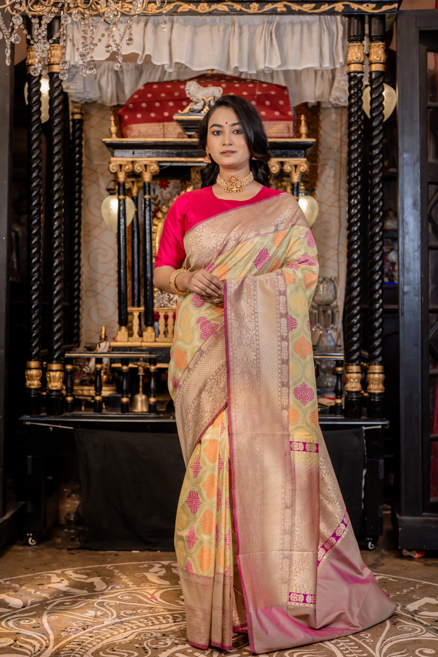 Mint Green with Magenta Pink Border Katan Matka Silk Jaal Meenakari