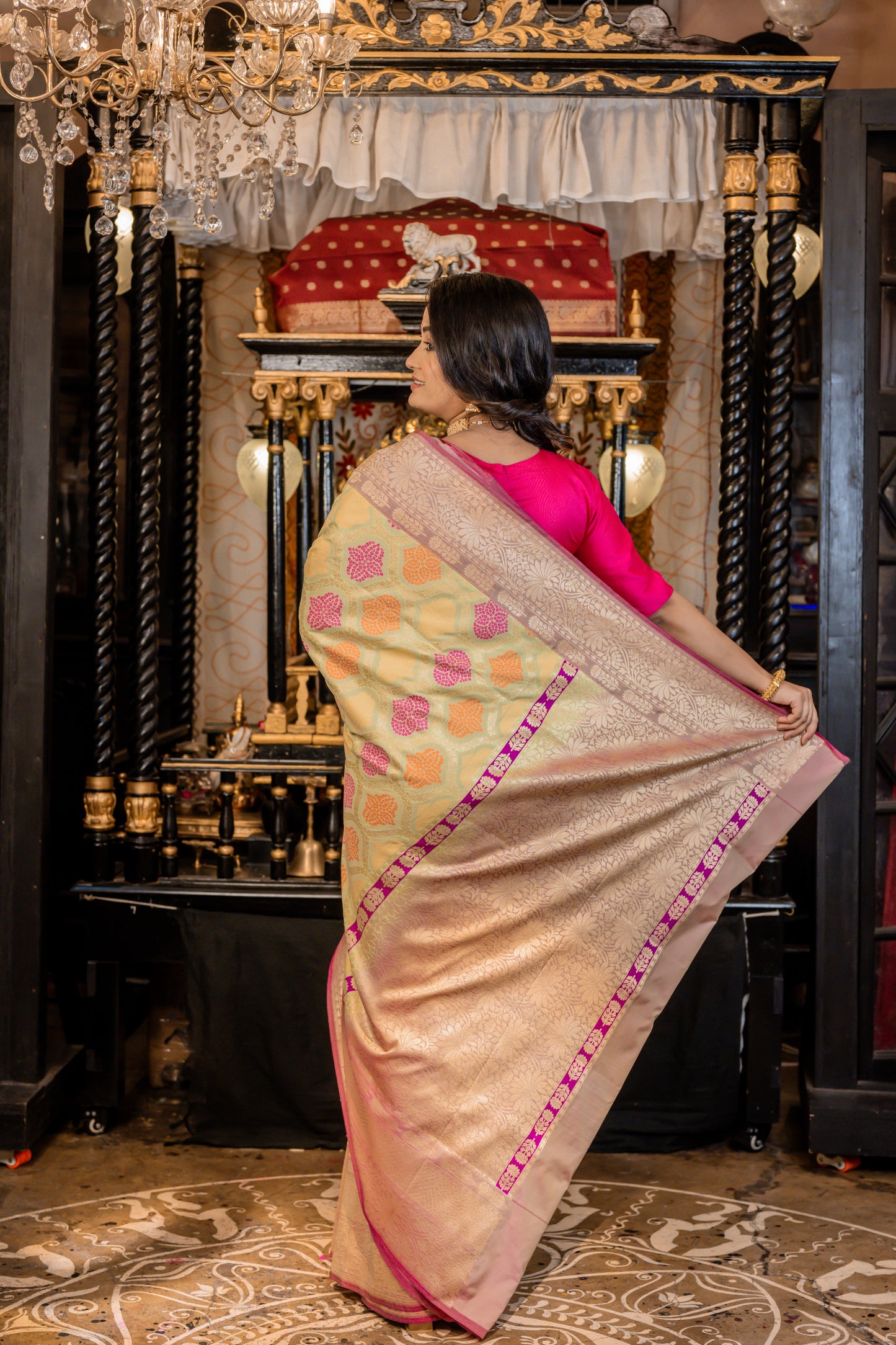 Mint Green with Magenta Pink Border Katan Matka Silk Jaal Meenakari