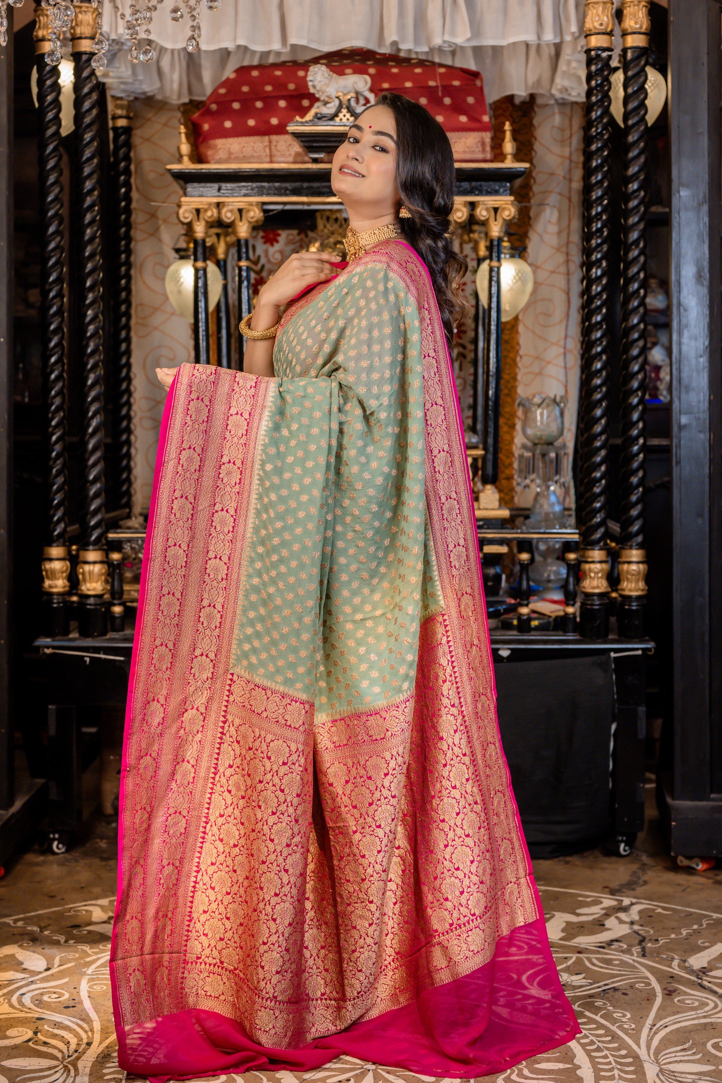 Pastel Green with Magenta Pink Border Khaddi Georgette Antique Zari Buta