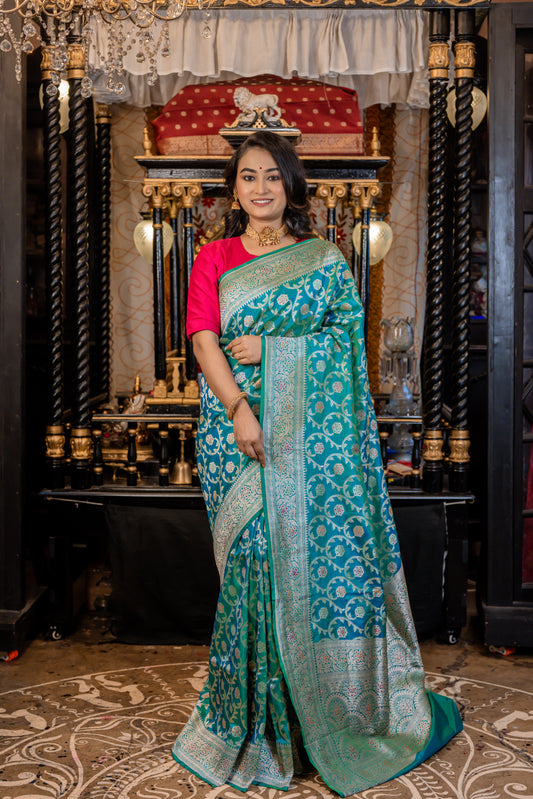 Dual tone of Turqoise Blue and Green Pure Katan Meenakari Jaal