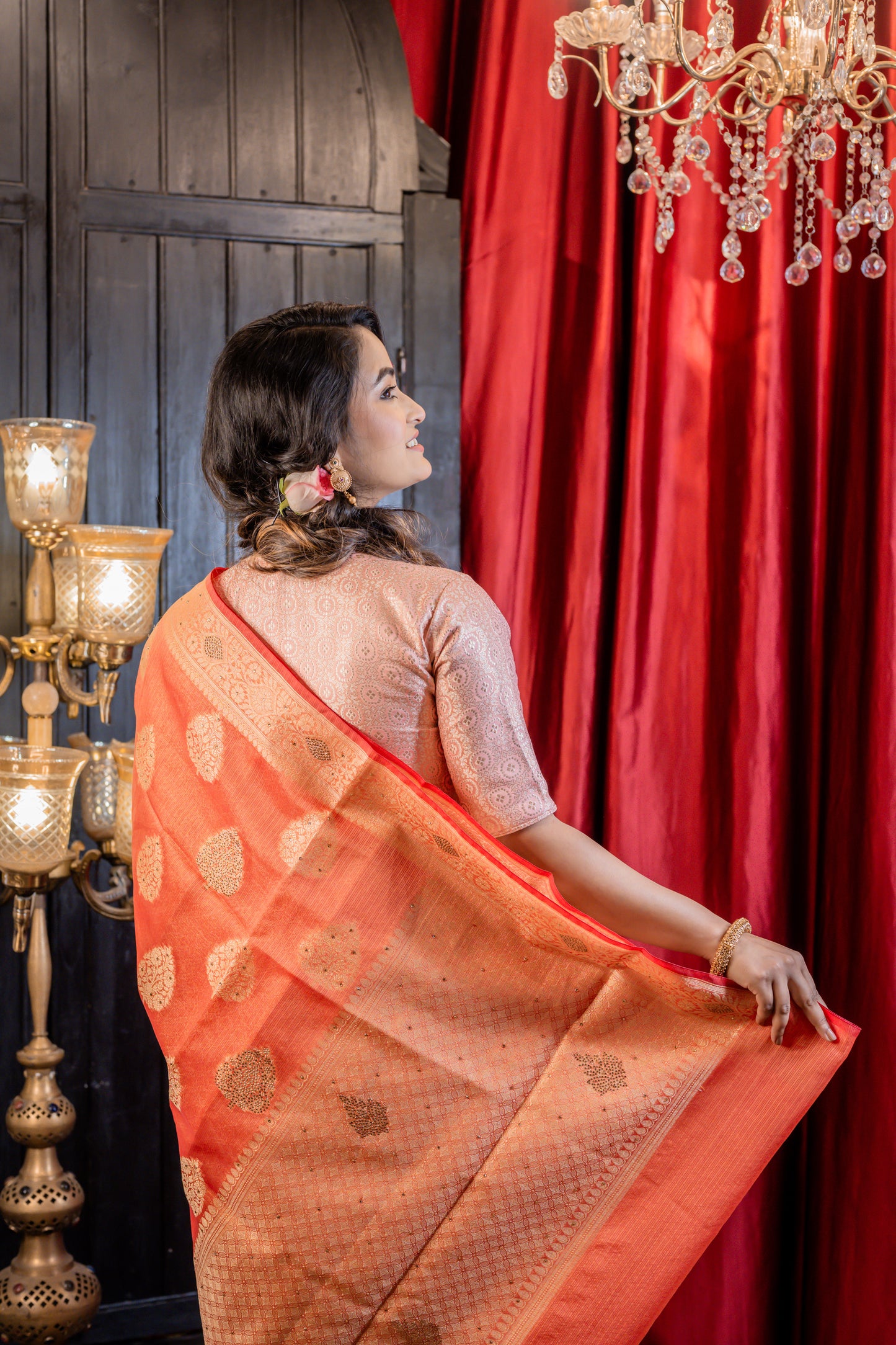 Red & Orange with Sequins highlights Soft Silk Zari Buta