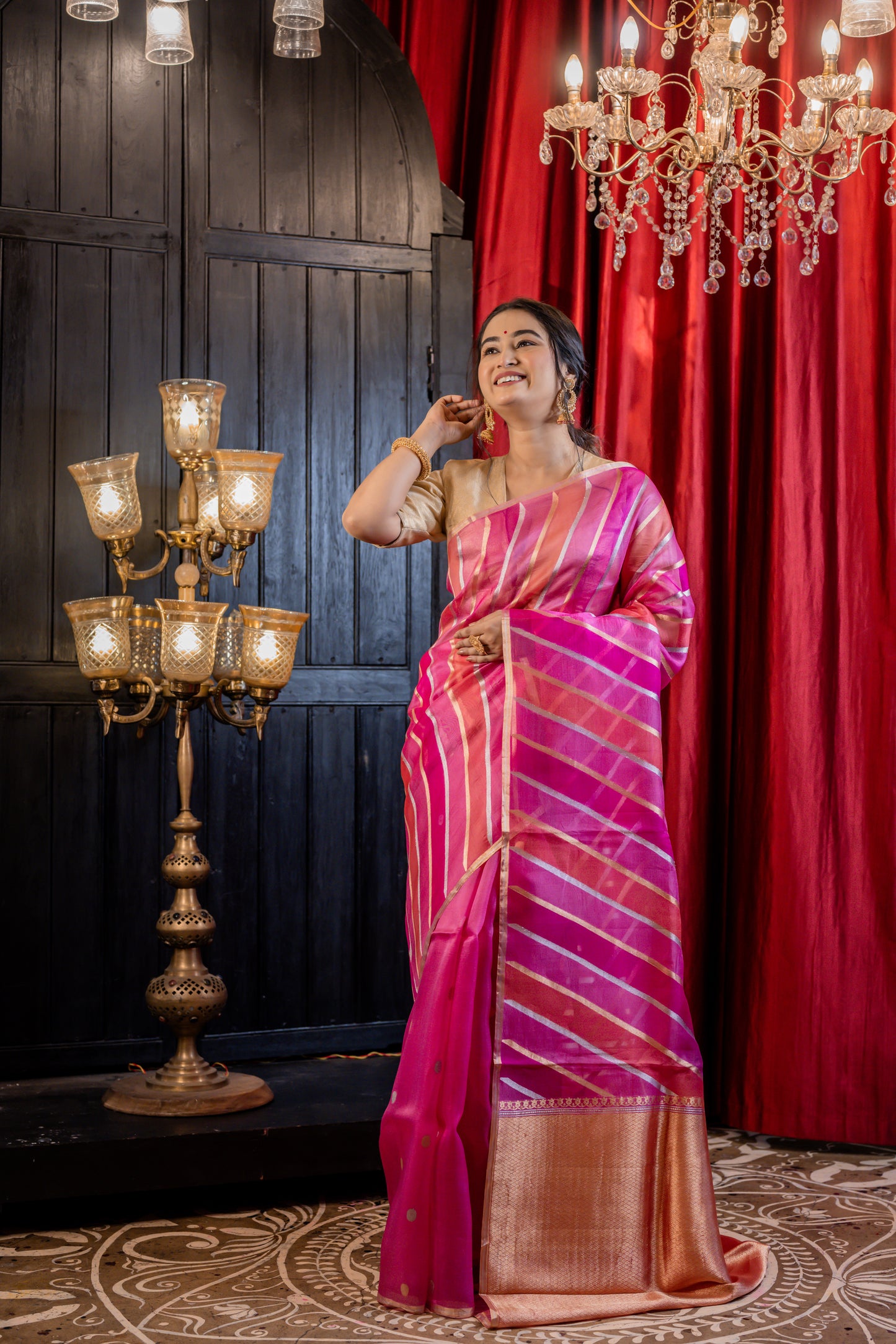 Pink, Magenta & Orange with Sona Rupa Zari Kora Rangkaat with Kadhua Stripe Rifling