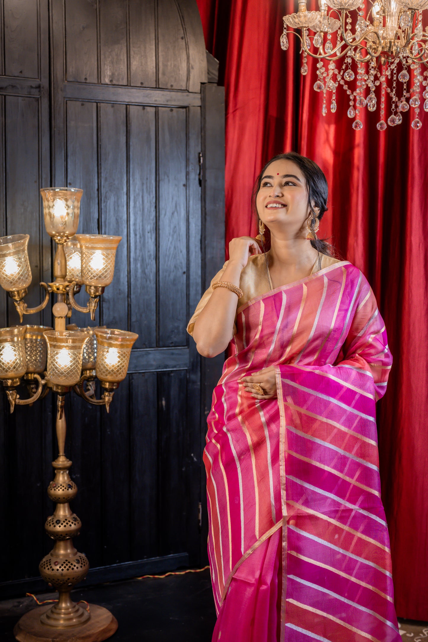 Pink, Magenta & Orange with Sona Rupa Zari Kora Rangkaat with Kadhua Stripe Rifling