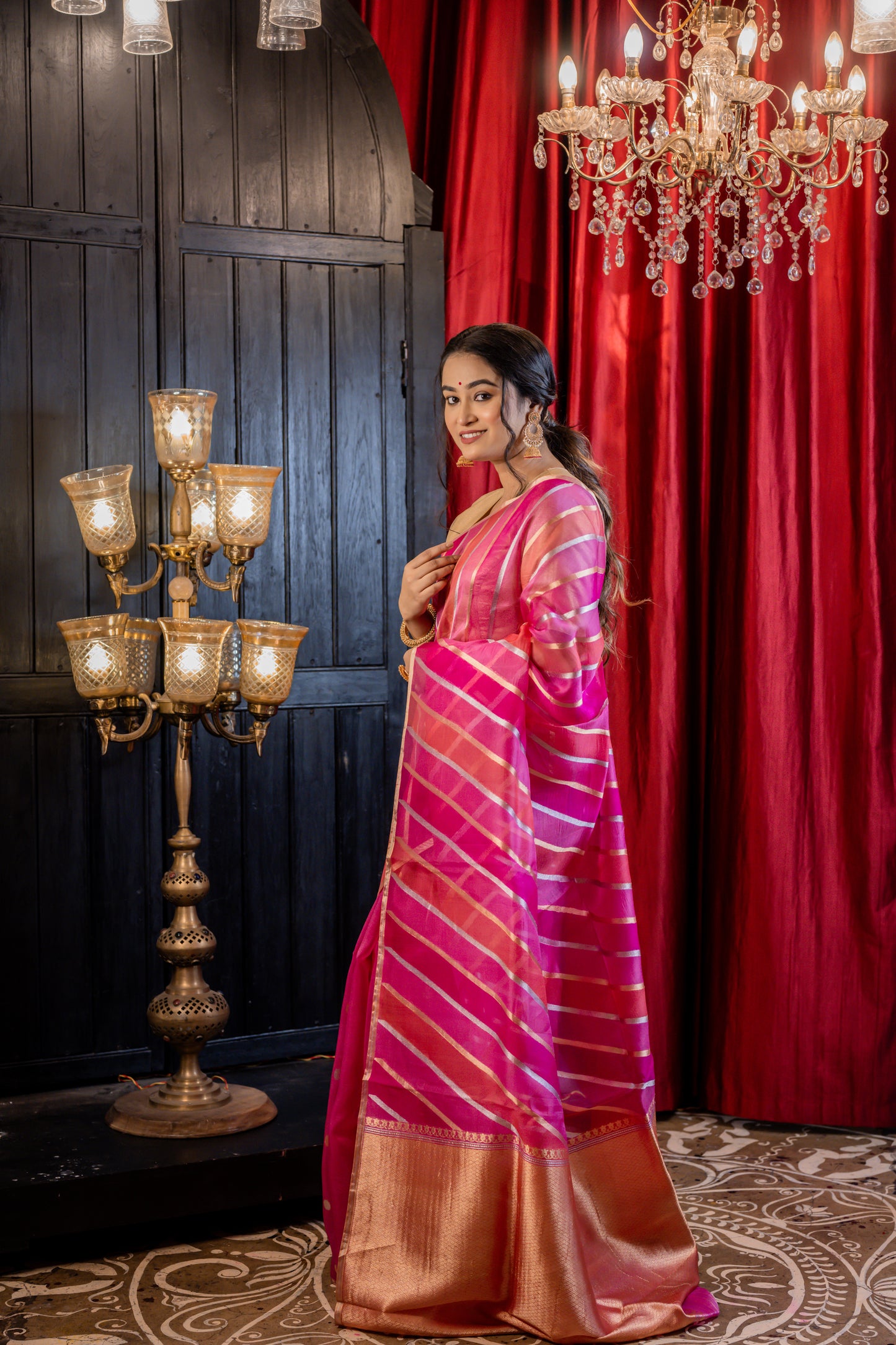 Pink, Magenta & Orange with Sona Rupa Zari Kora Rangkaat with Kadhua Stripe Rifling